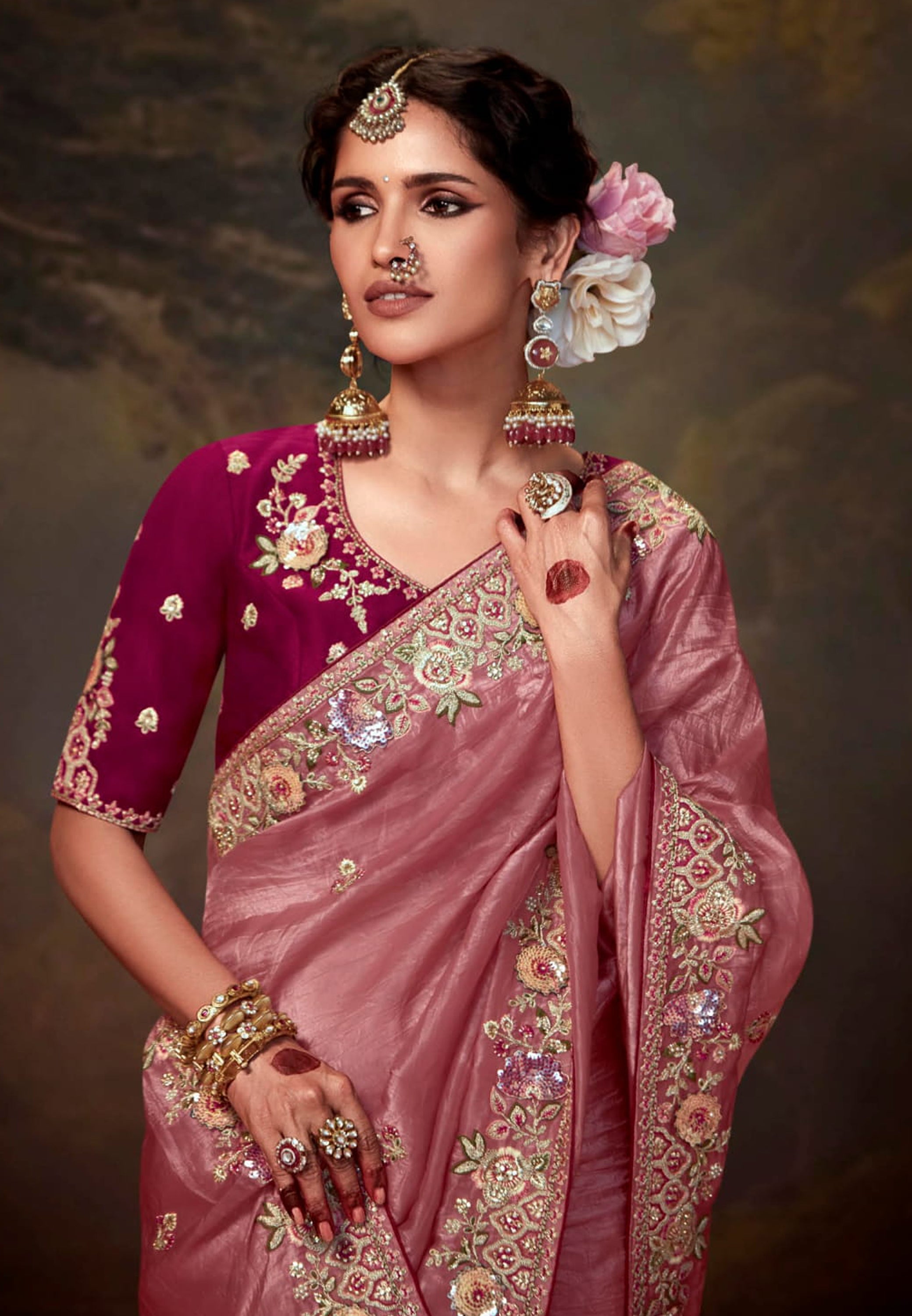 Dusty Pink Saree with Heavy Thread Embroidery Sequins Work and Embroidery Blouse