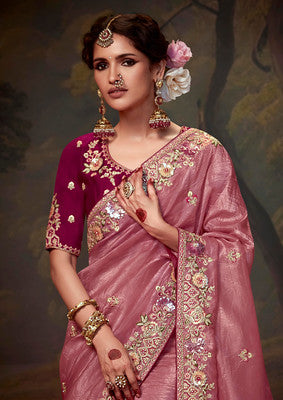 Dusty Pink Saree with Heavy Thread Embroidery Sequins Work and Embroidery Blouse