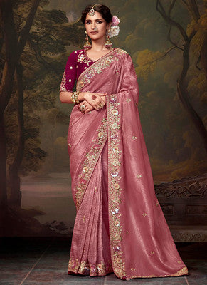 Dusty Pink Saree with Heavy Thread Embroidery Sequins Work and Embroidery Blouse