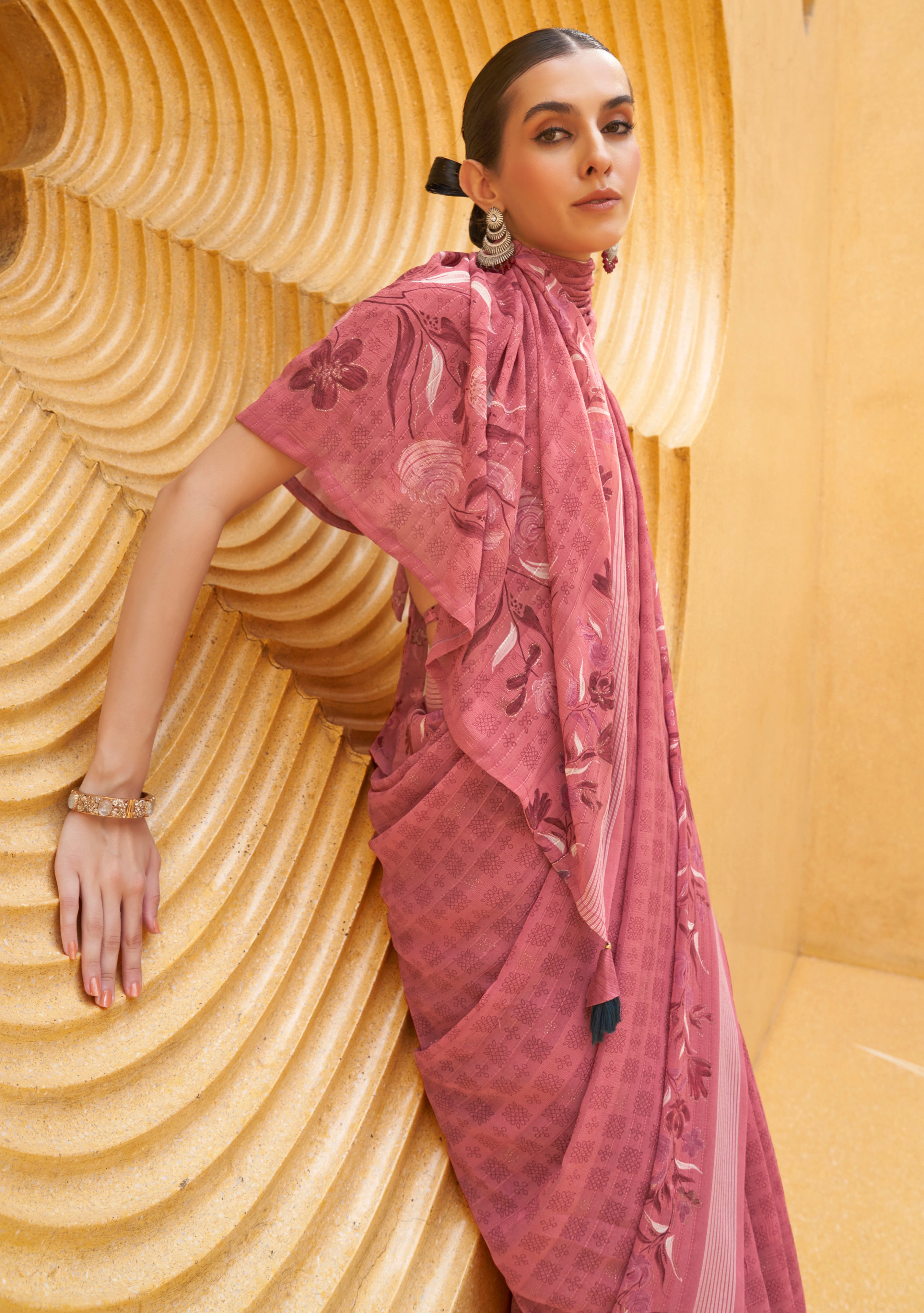 Dusty Pink Silk Georgette Saree With Printed
