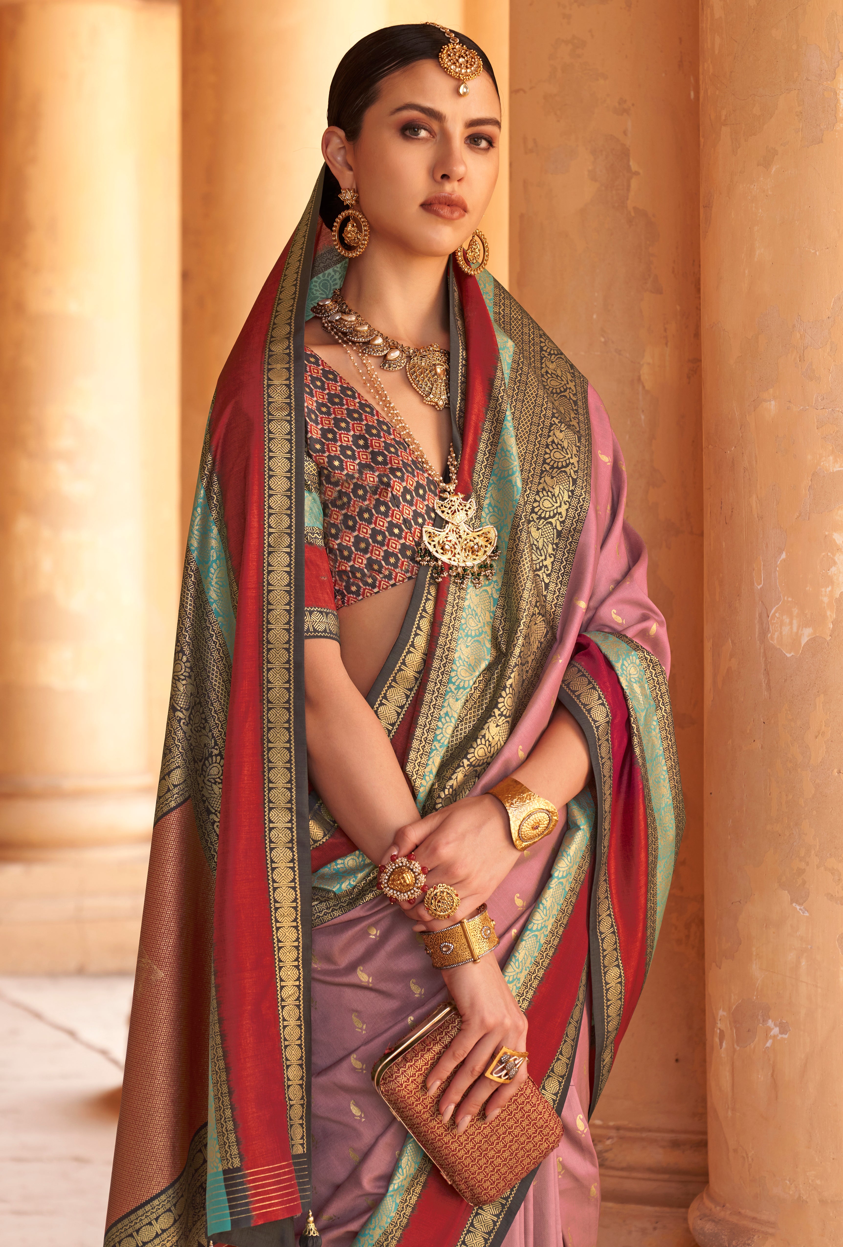 Dusty Pink Silk Saree with Jacquard Woven Work