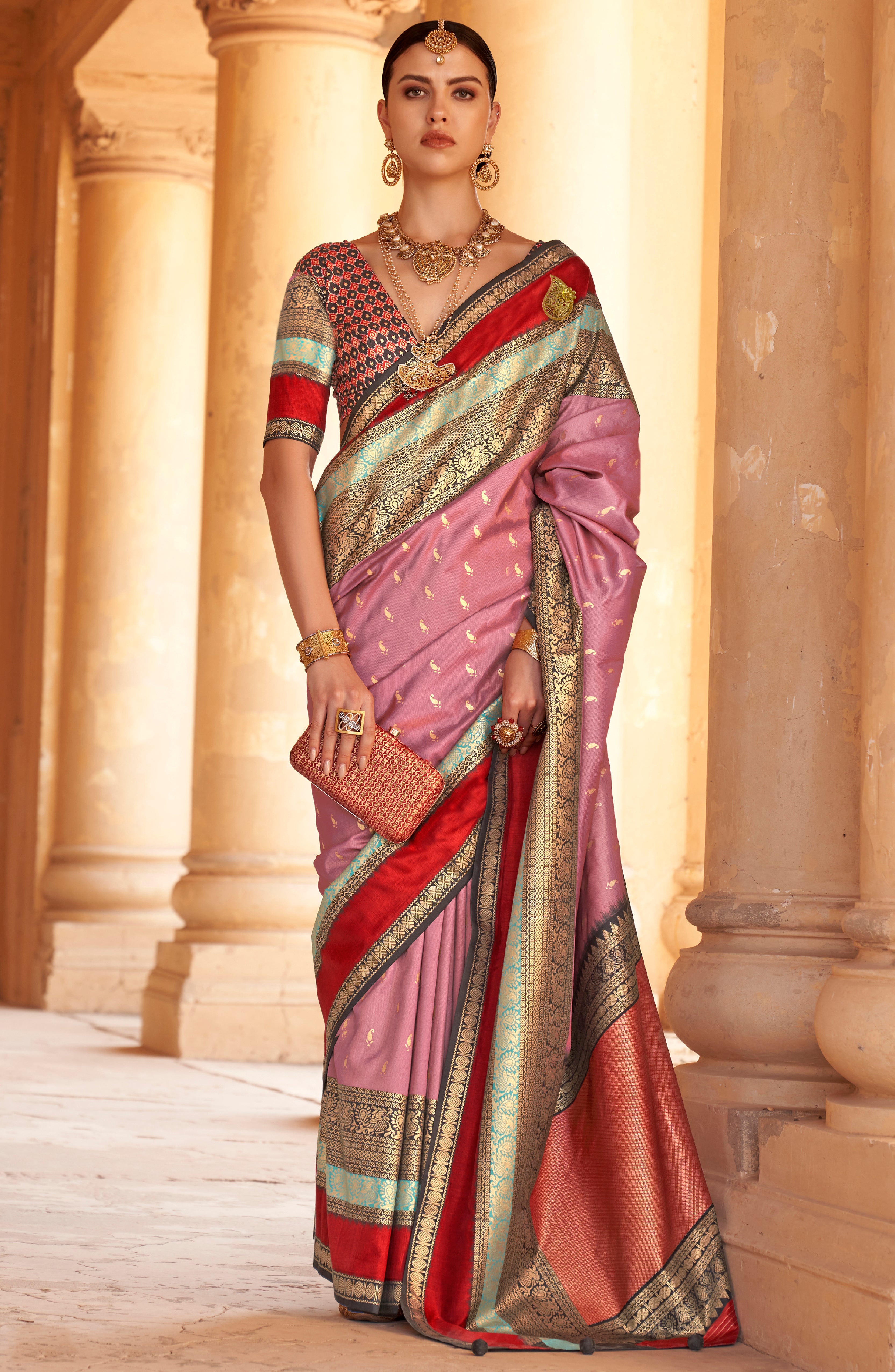 Dusty Pink Silk Saree with Jacquard Woven Work