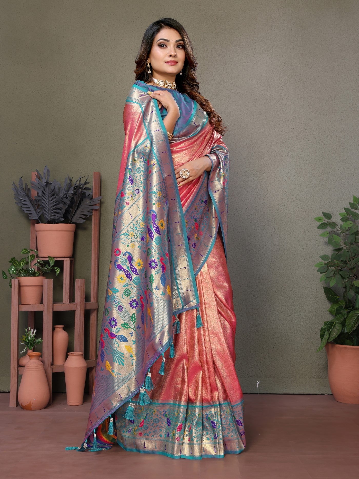 Dusty Pink Tissue Silk Saree With Paithani Woven