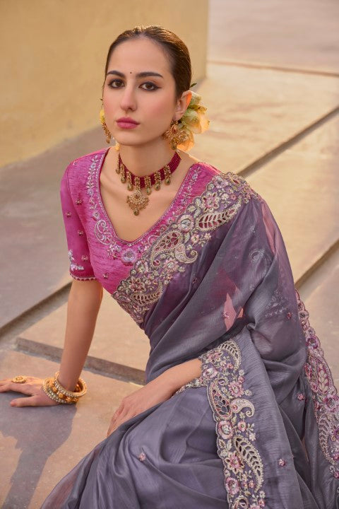 Dusty Purple Organza Silk Saree With Heavy Thread Embroidery With Sequins Work