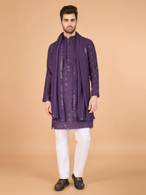 Dusty Purple Viscose Silk Thread & Sequins Kurta with Dupatta