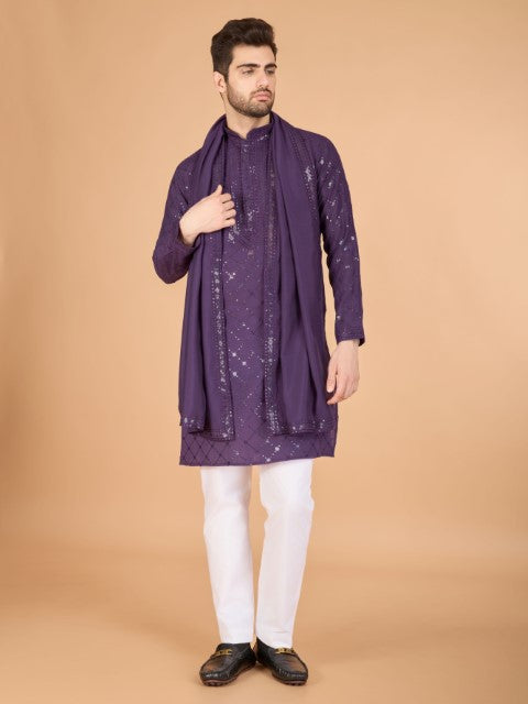 Dusty Purple Viscose Silk Thread & Sequins Kurta with Dupatta