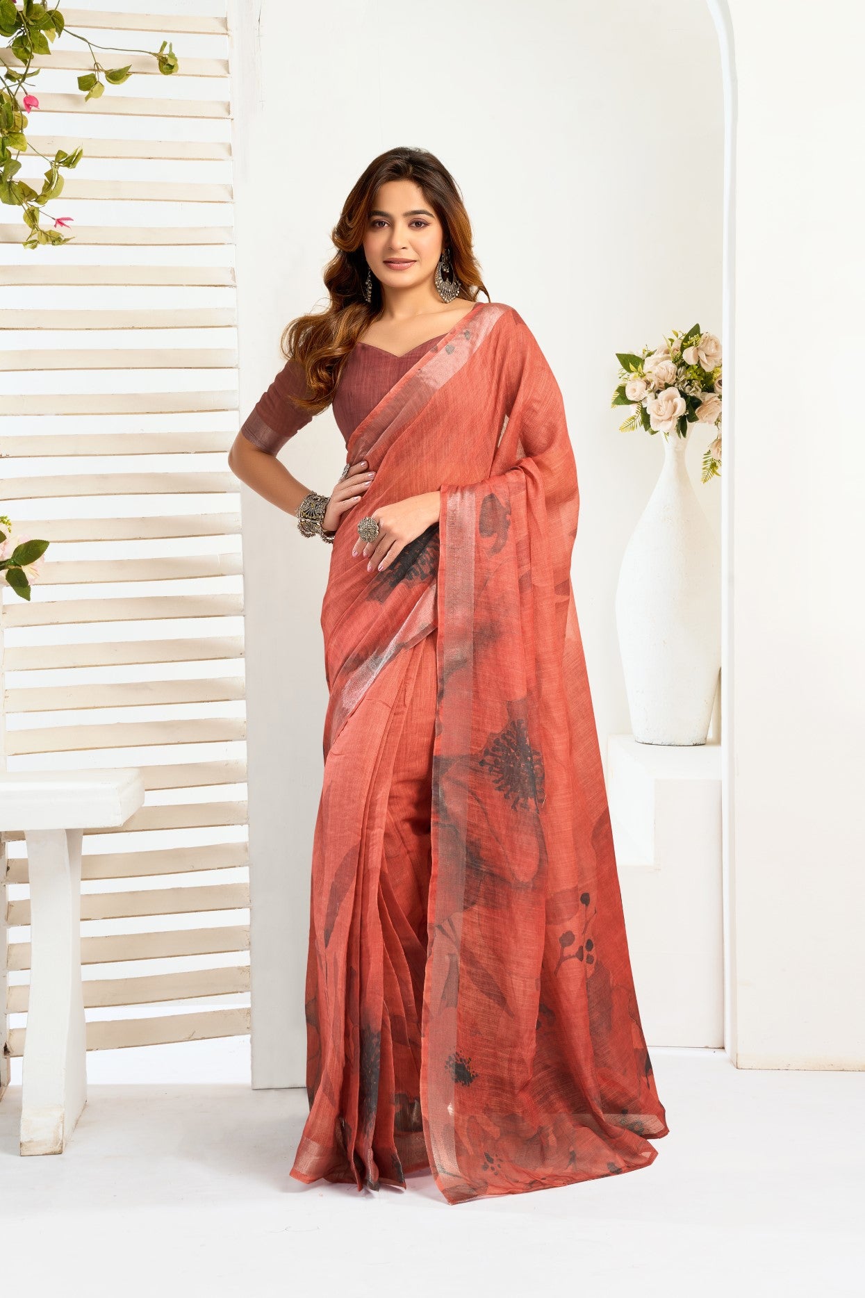 Dusty Rose Linen Ready To Wear Saree With Zari Border Printed