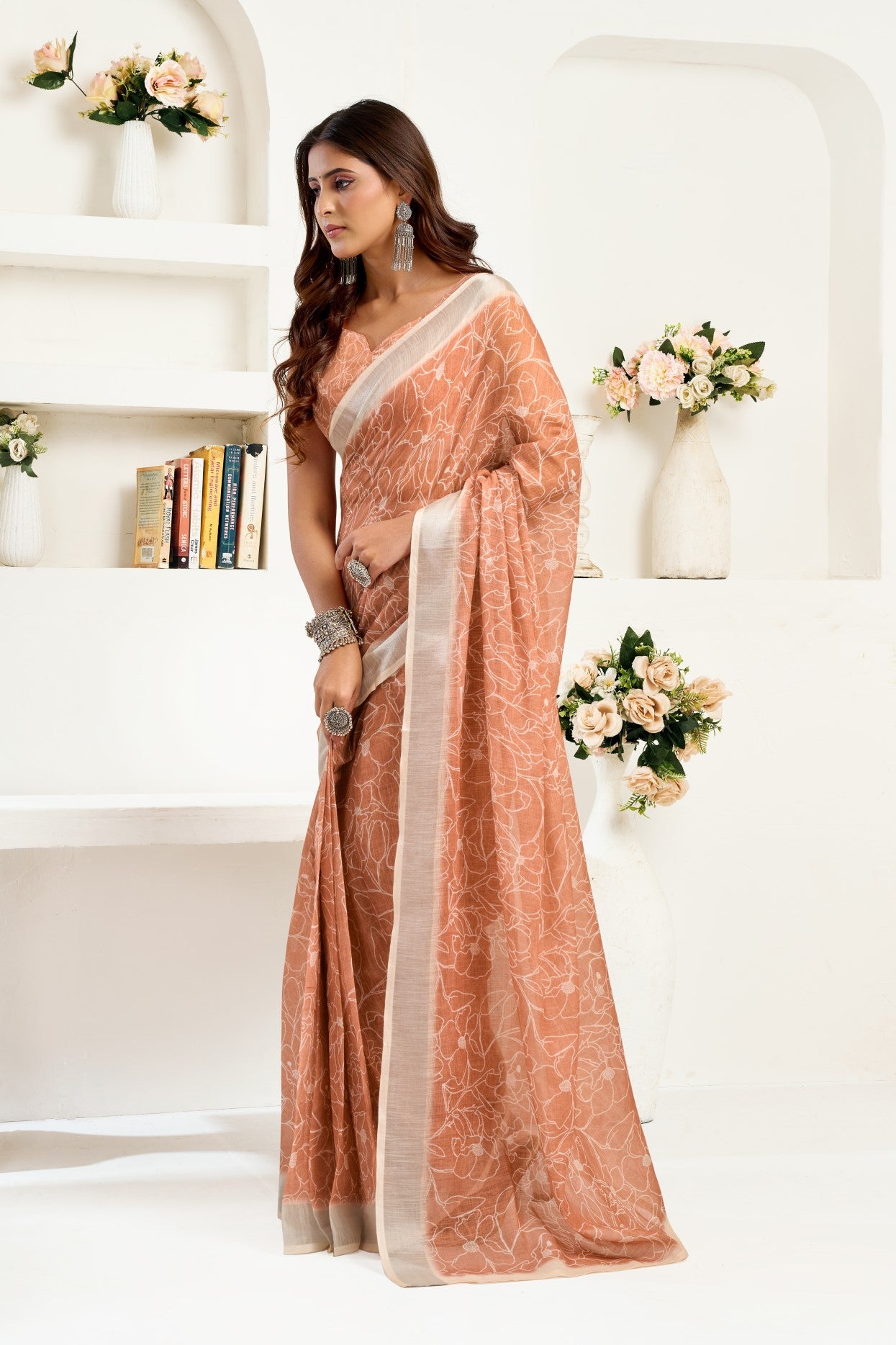 Dusty Rose Linen Ready To Wear Saree With Zari Border Printed