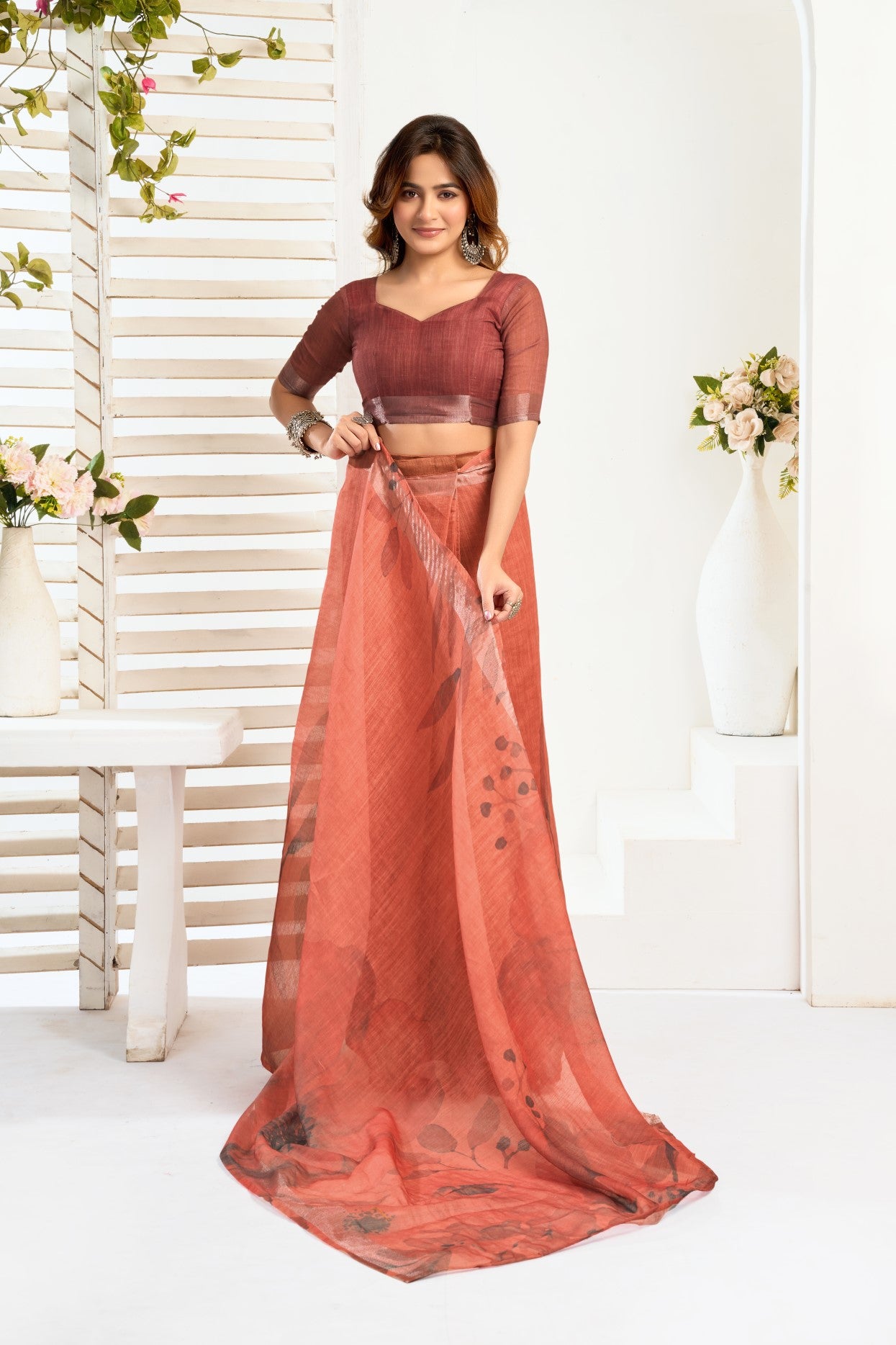 Dusty Rose Linen Ready To Wear Saree With Zari Border Printed