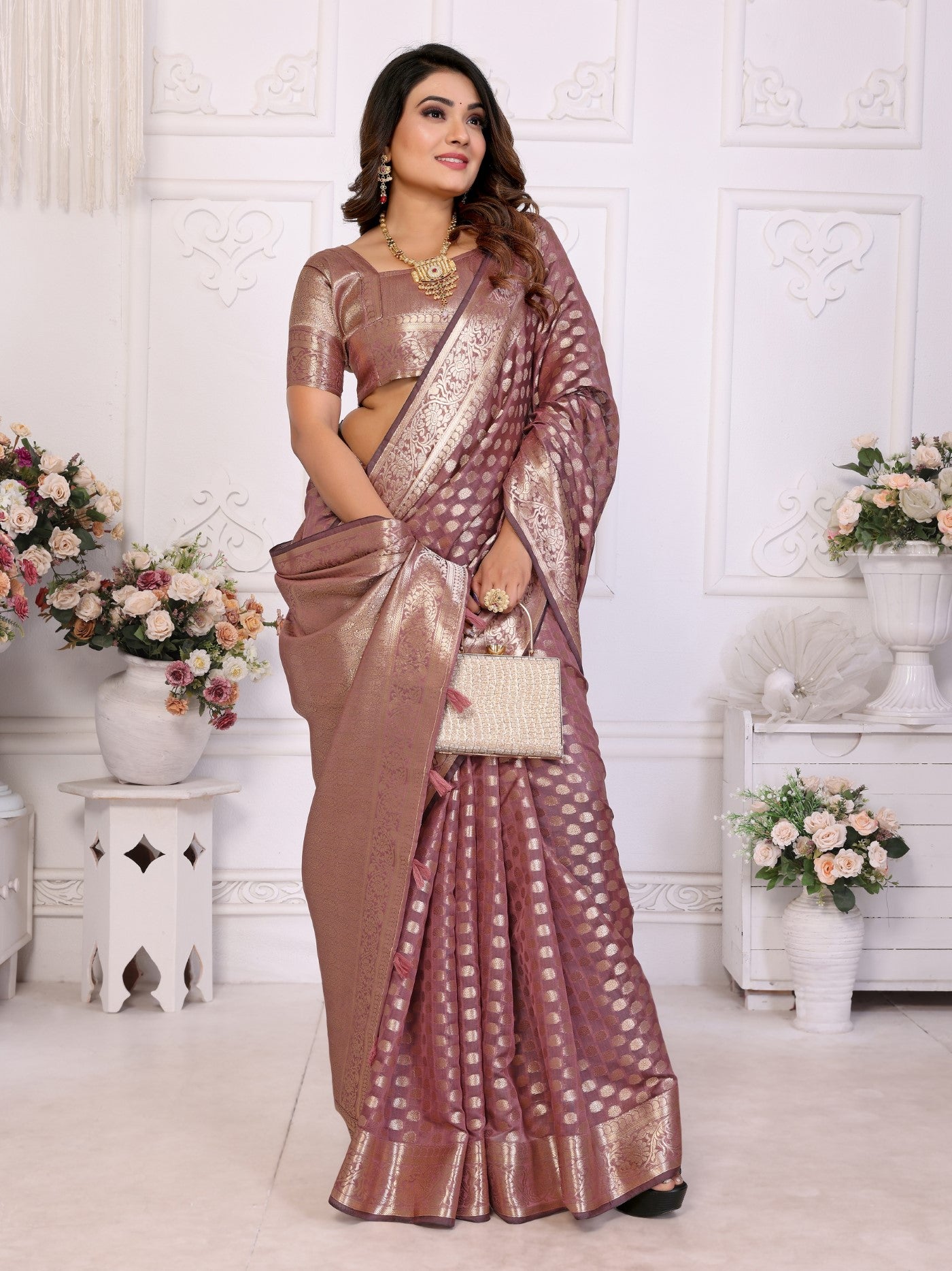 Dusty Rose Organza Silk Saree With Classic Weaving
