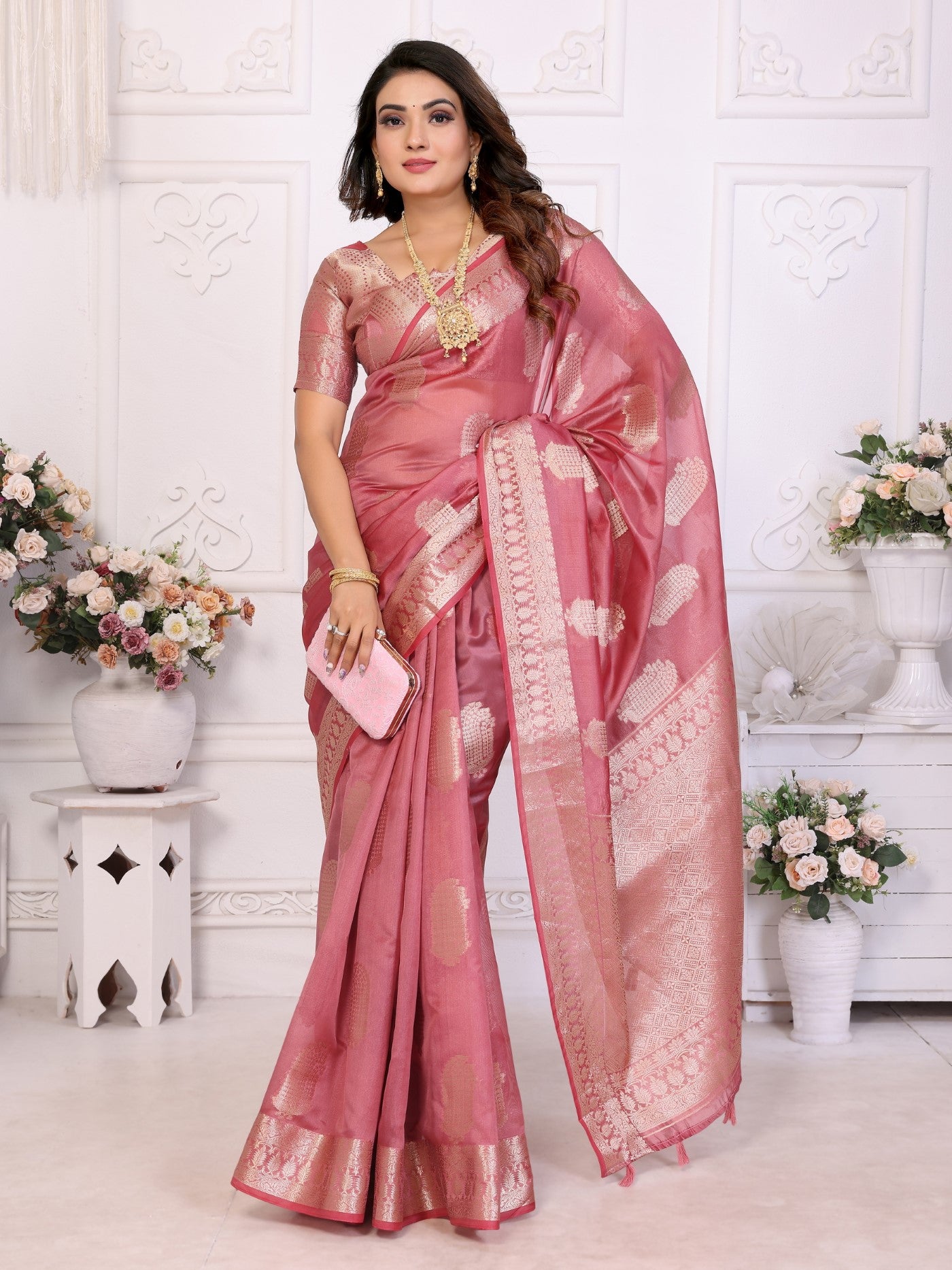 Dusty Rose Soft Organza Silk Saree With Elegant Weaving
