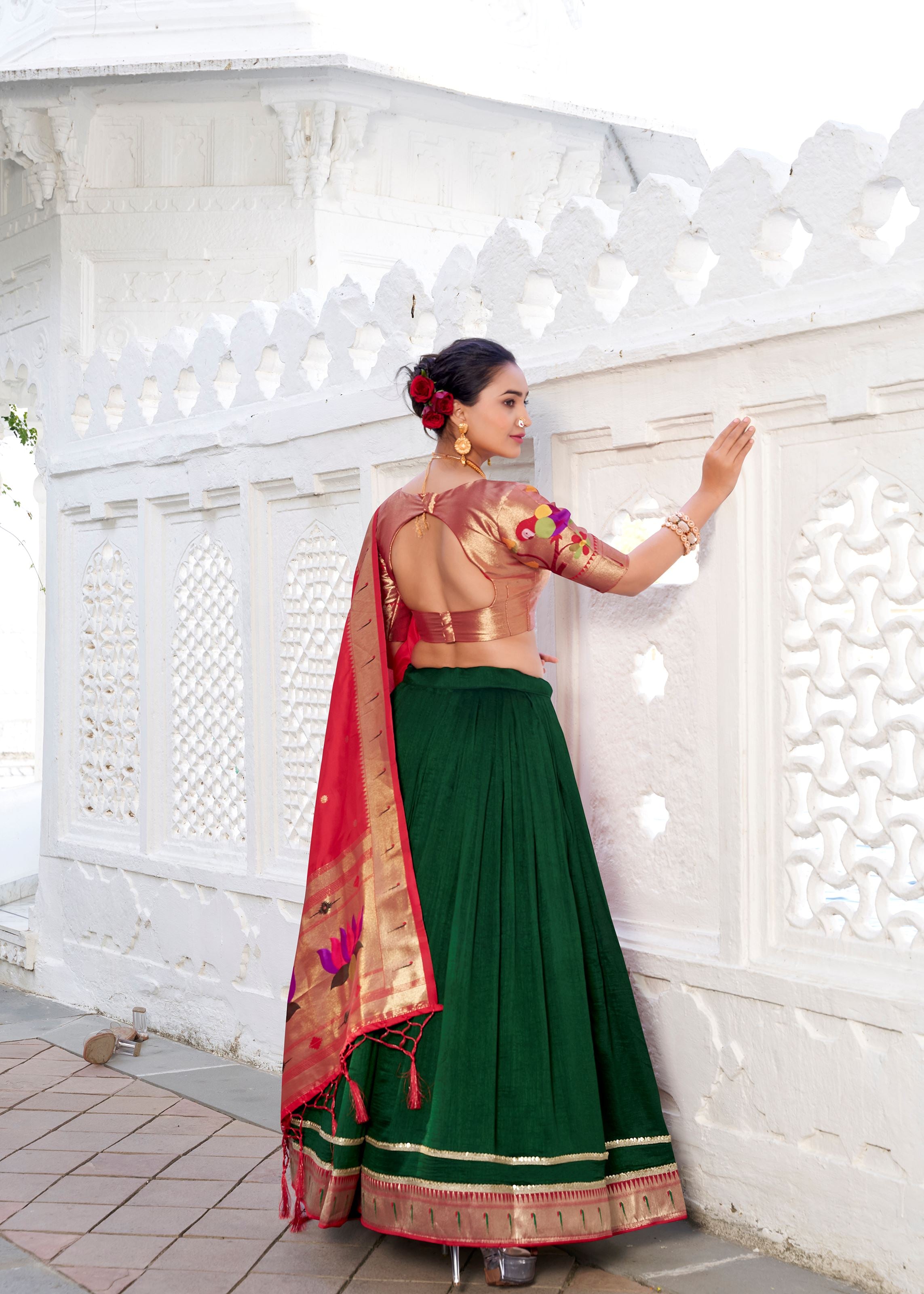 Elegance In Simplicity Green Vichitra Silk Lehenga With Classic Plain Look And Paithani Lace Border