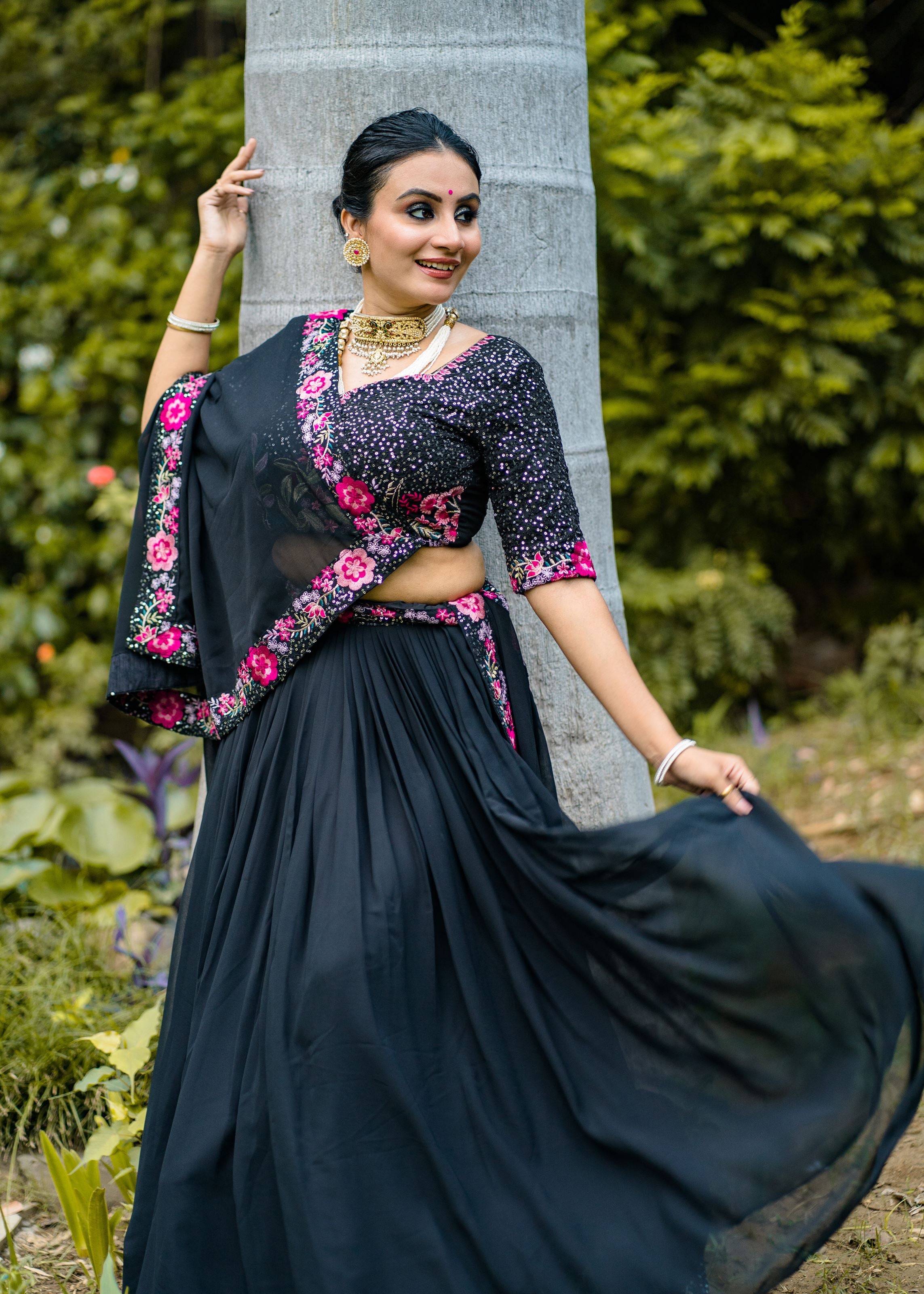 Elegant Black Georgette Lehenga with Sequin Highlights