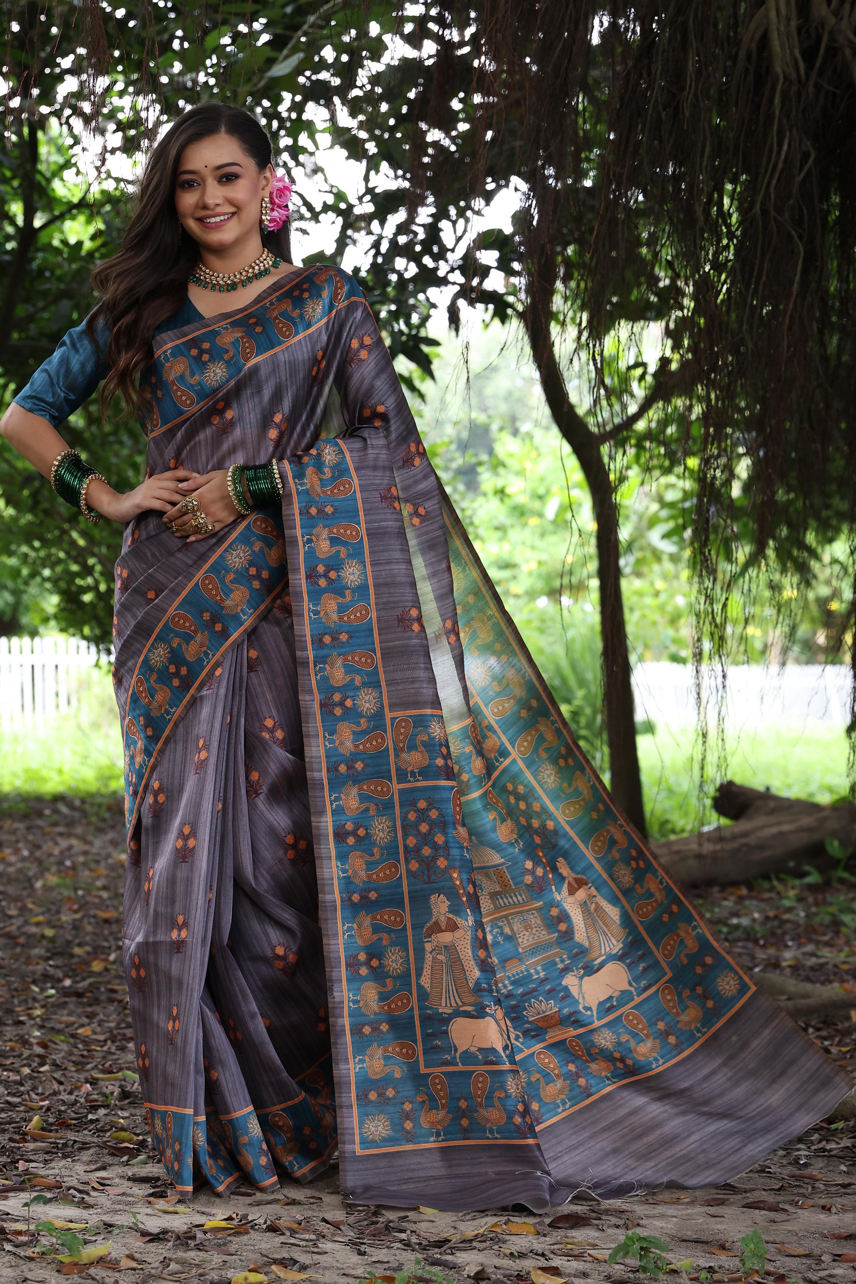 Elegant Grey Tussar Silk Saree with Modern Printed Work