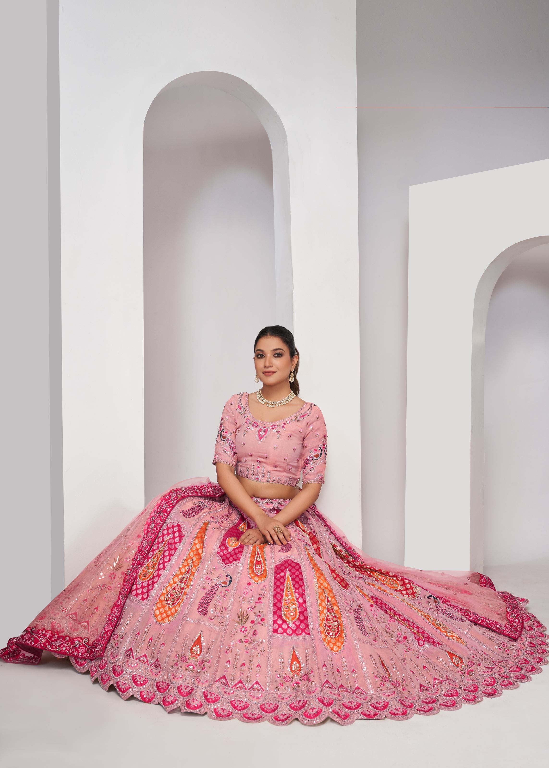 Elegant Peacock And Paisely Motifs Rose Pink Silk Color Traditional Lehenga Choli