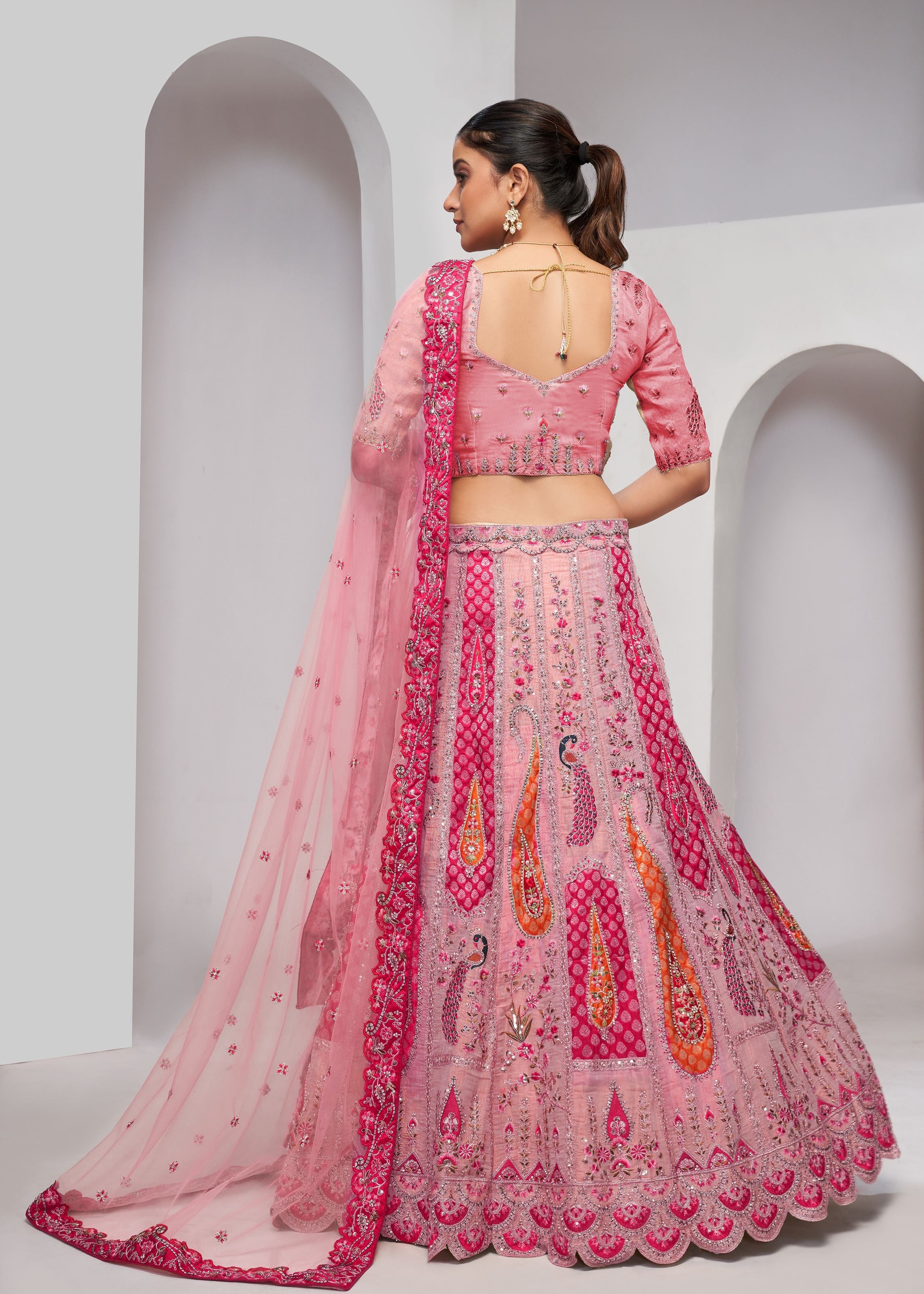 Elegant Peacock And Paisely Motifs Rose Pink Silk Color Traditional Lehenga Choli