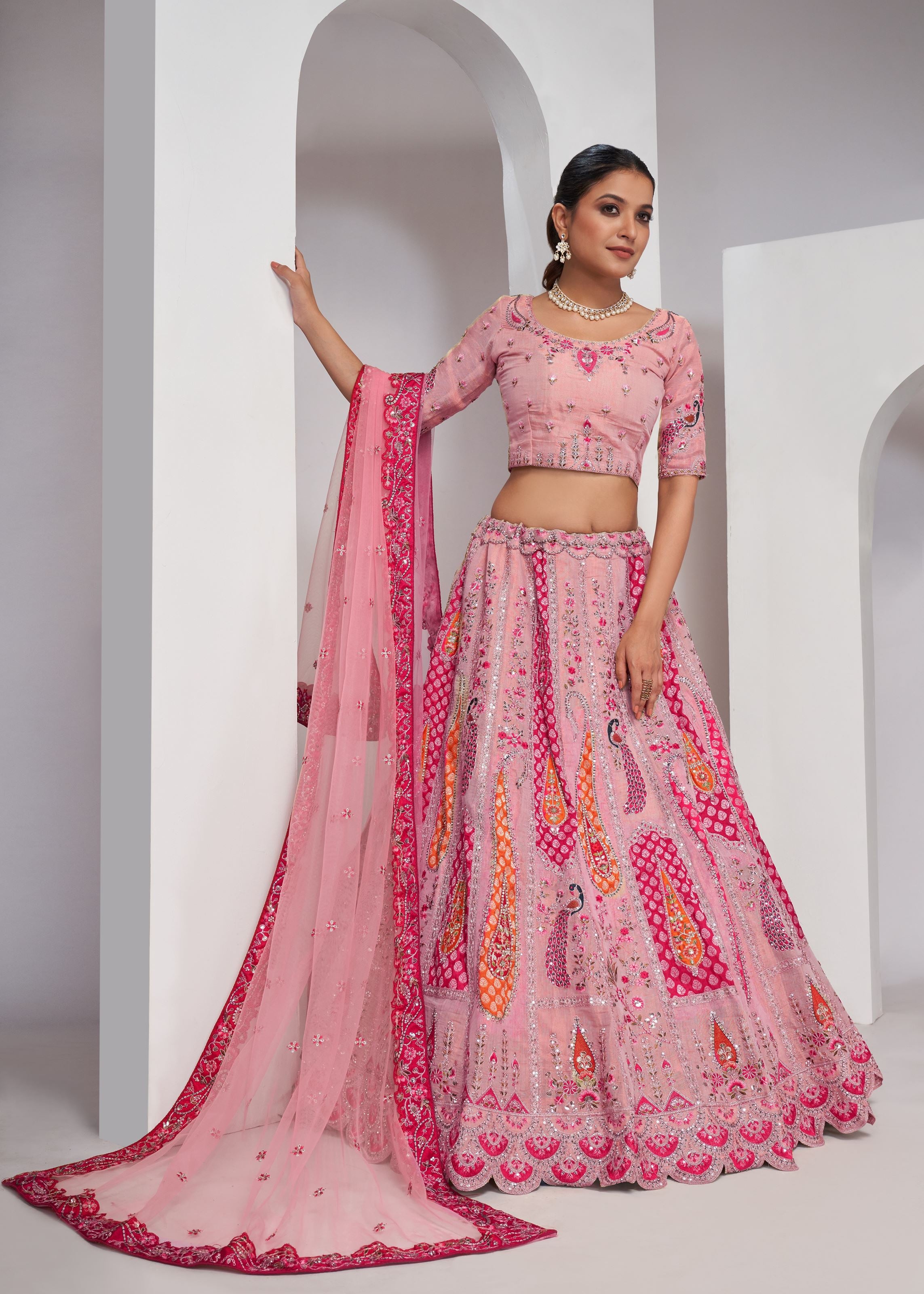Elegant Peacock And Paisely Motifs Rose Pink Silk Color Traditional Lehenga Choli