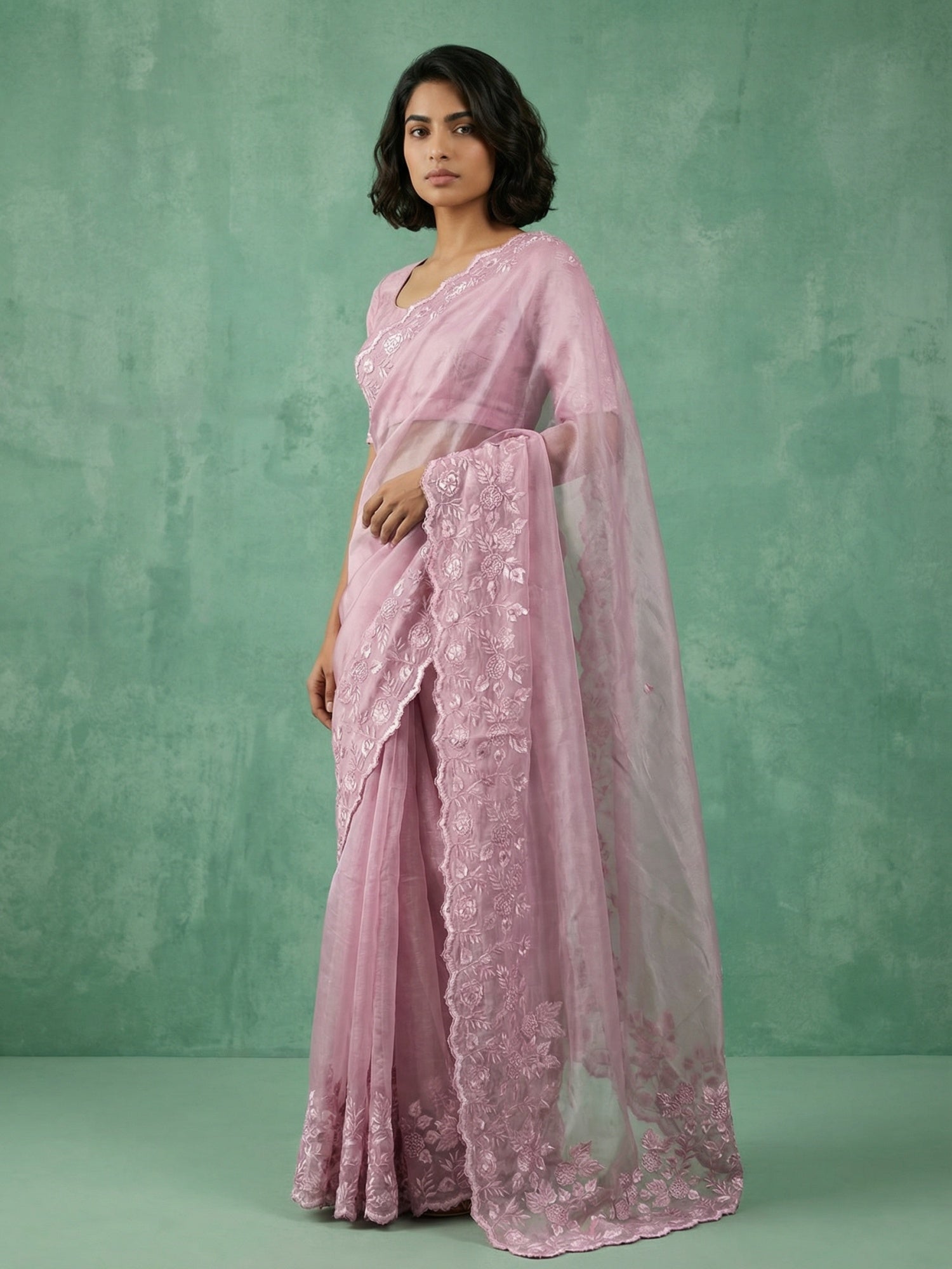 Elegant Pink Chanda Silk Saree with Thread Flower Cut Work