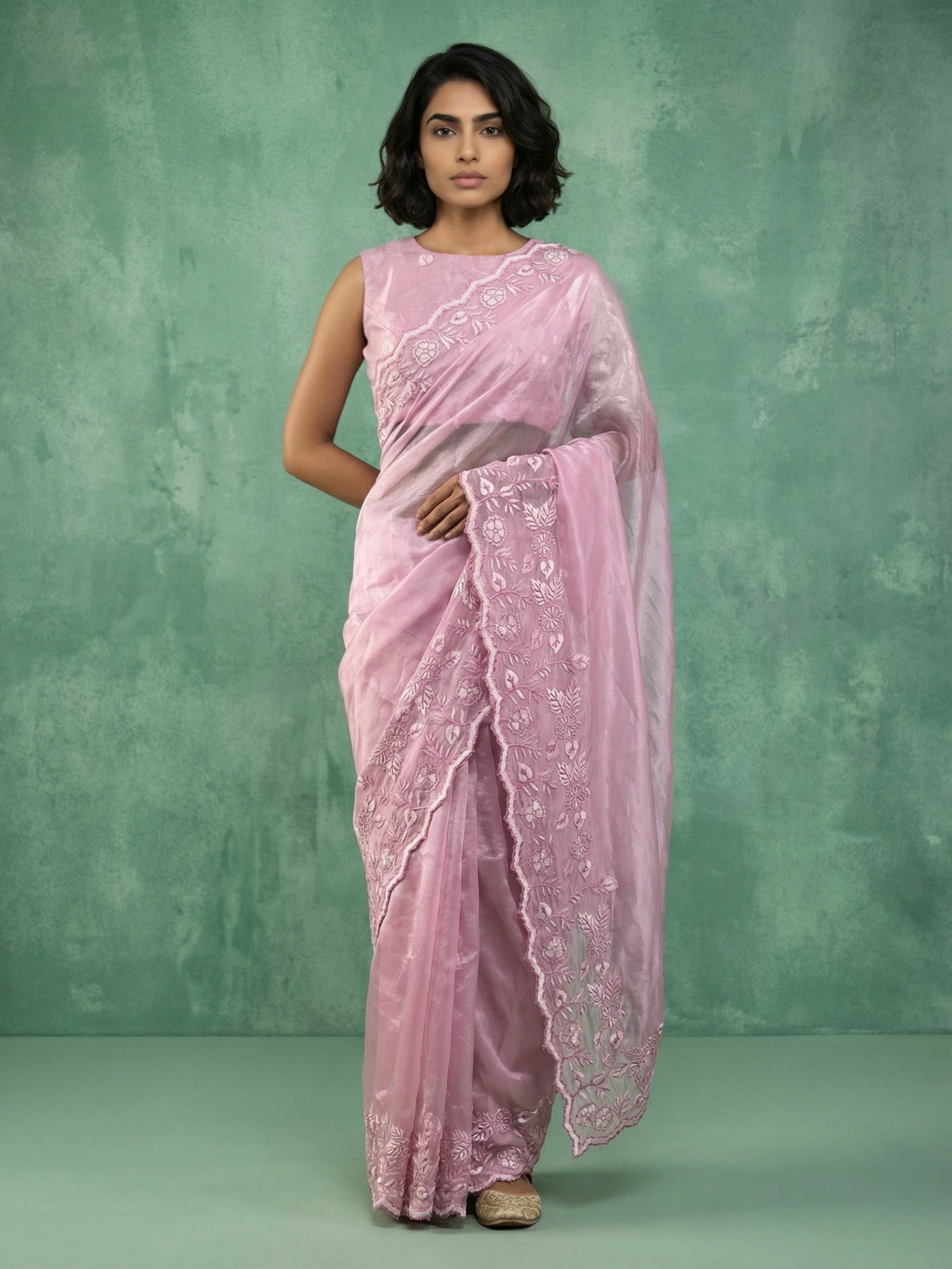 Elegant Pink Chanda Silk Saree with Thread Flower Cut Work