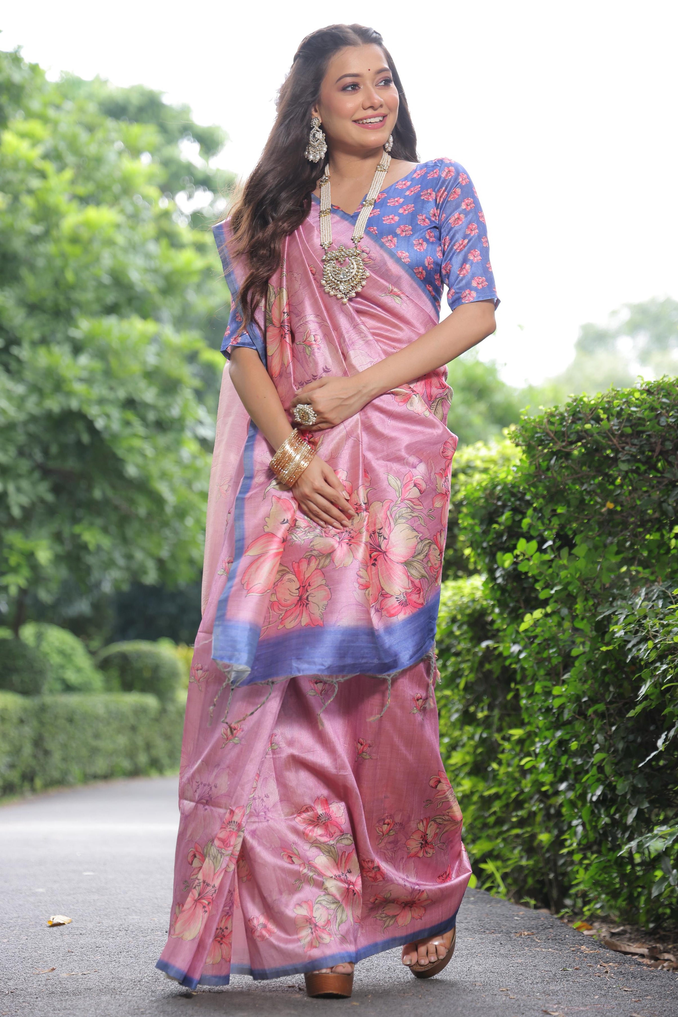 Elegant Pink Tussar Silk Saree with Floral Printed Elegance