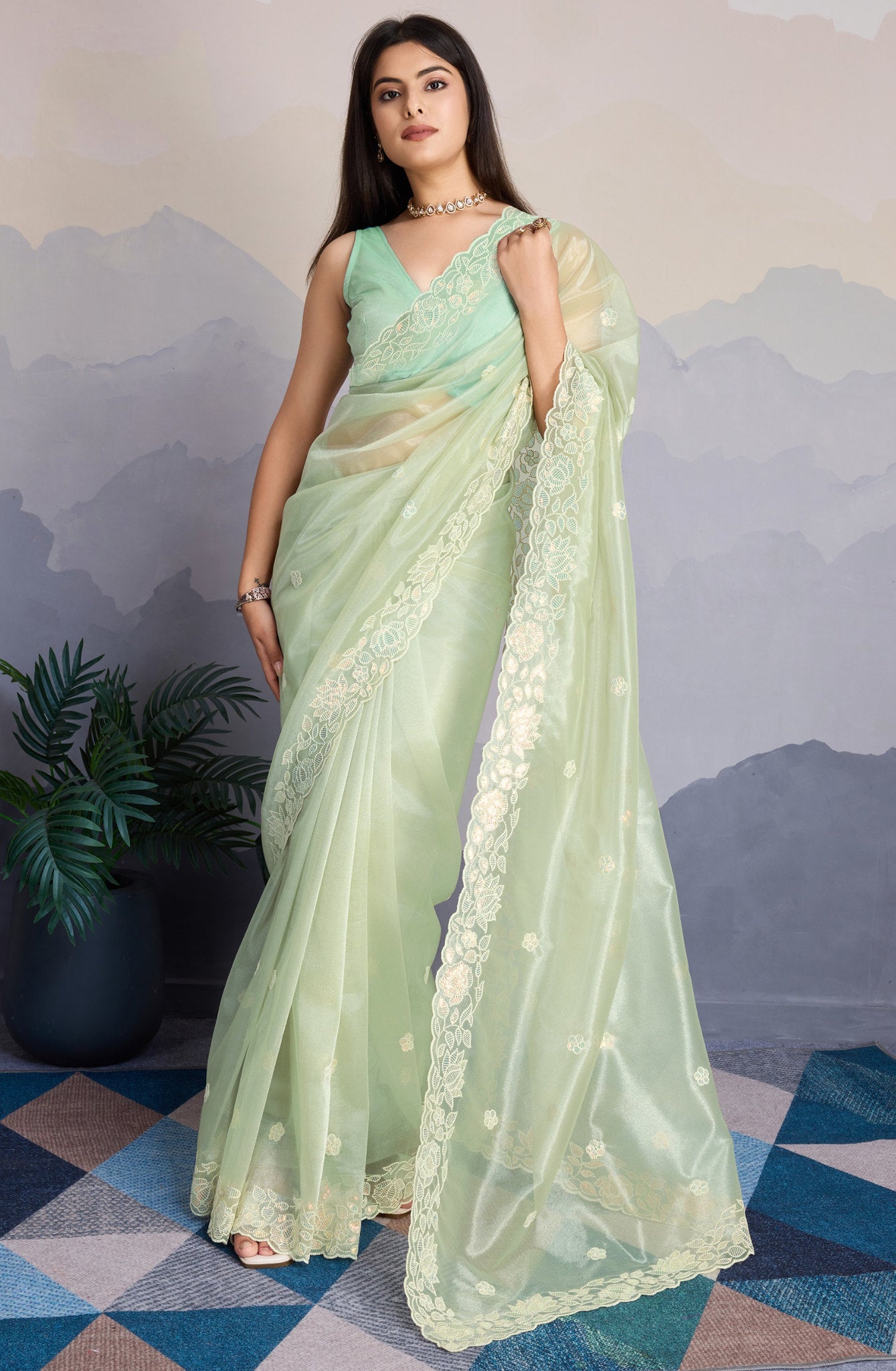 Elegant Pista Green Fancy Saree with Heavy Thread & Sequins Embroidery
