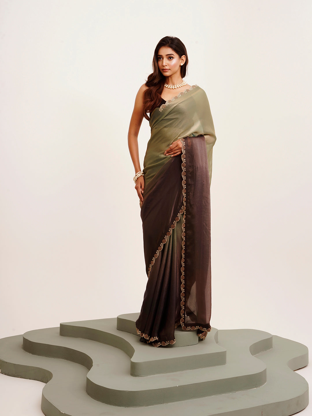 Embellished Beads And Stones Work Grey Satin Rich Ceremonial Saree