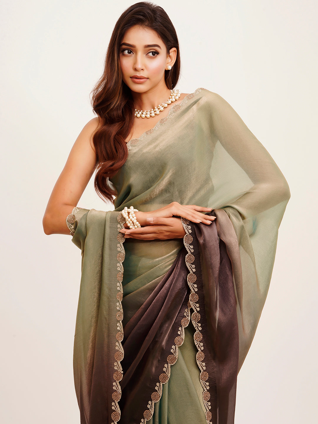 Embellished Beads And Stones Work Grey Satin Rich Ceremonial Saree