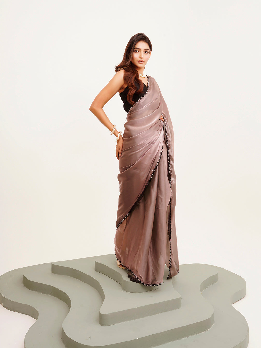 Embellished Beads And Stones Work Grey Silk Blend Rich Ceremonial Saree