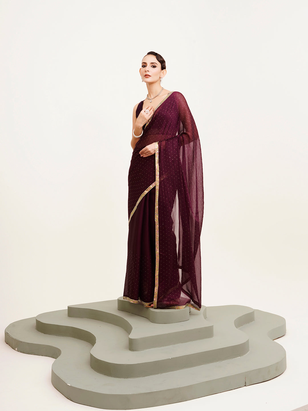 Embellished Beads And Stones Work Purple Chiffon Rich Ceremonial Saree