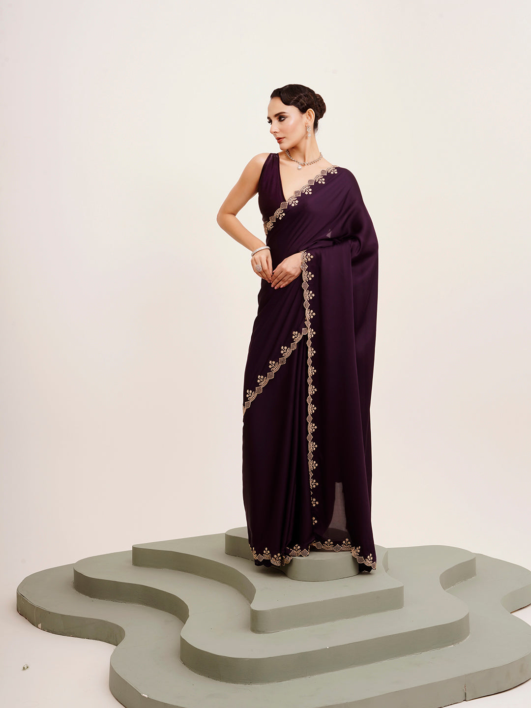 Embellished Beads And Stones Work Purple Satin Rich Ceremonial Saree