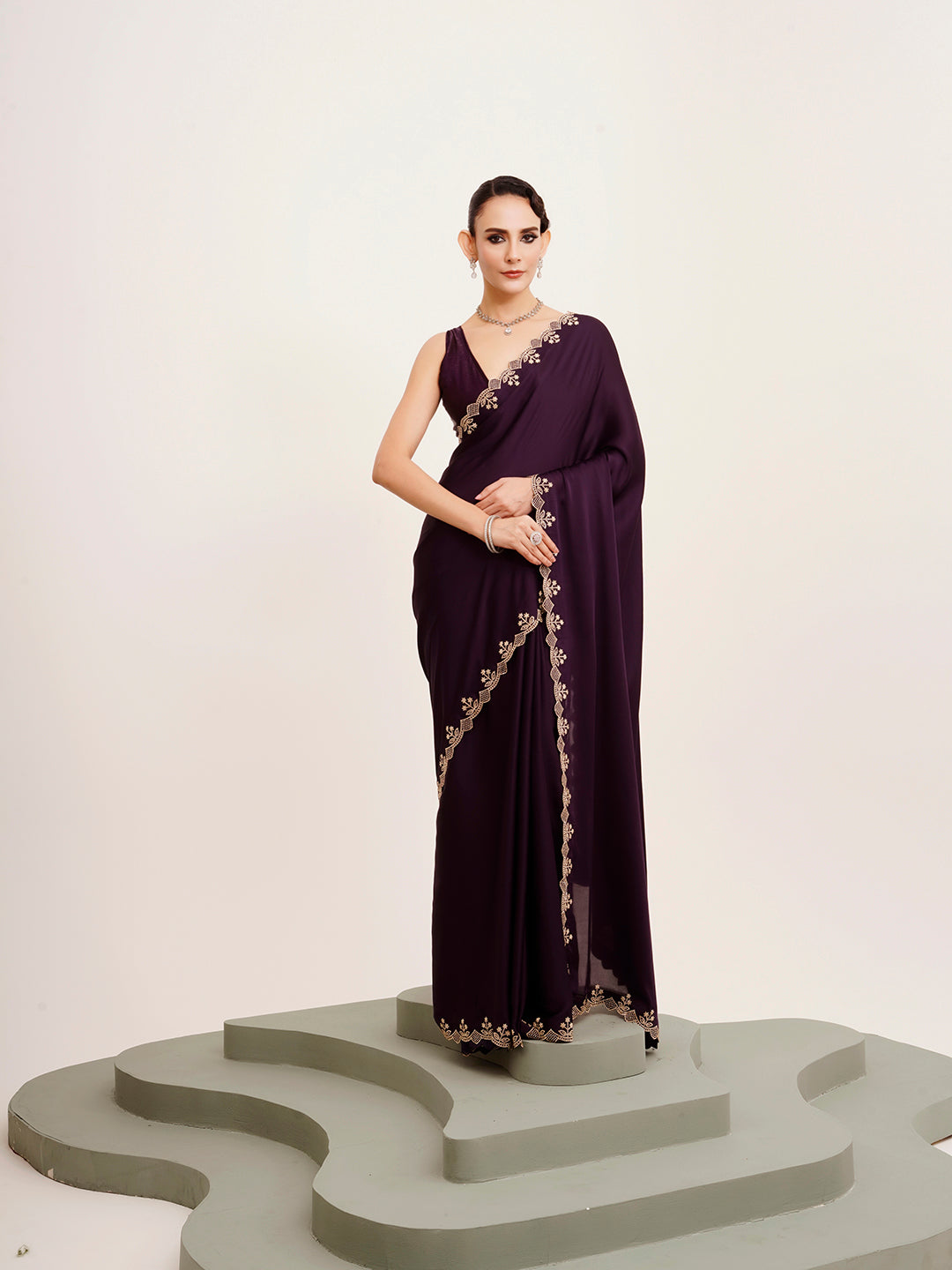 Embellished Beads And Stones Work Purple Satin Rich Ceremonial Saree