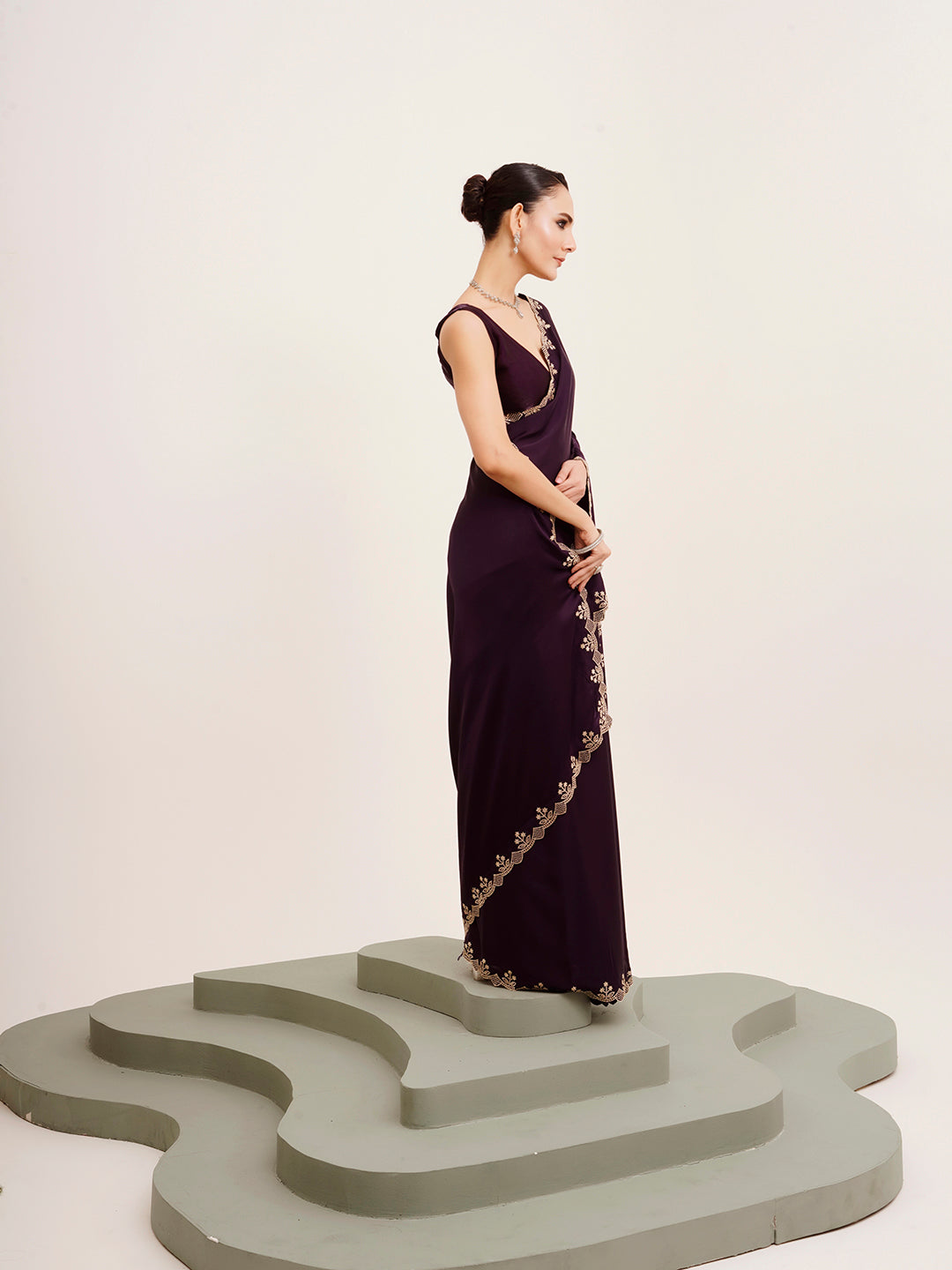 Embellished Beads And Stones Work Purple Satin Rich Ceremonial Saree