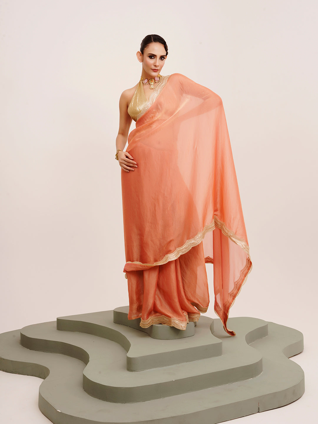 Embellished Sequinned Work Peach Satin Rich Ceremonial Saree