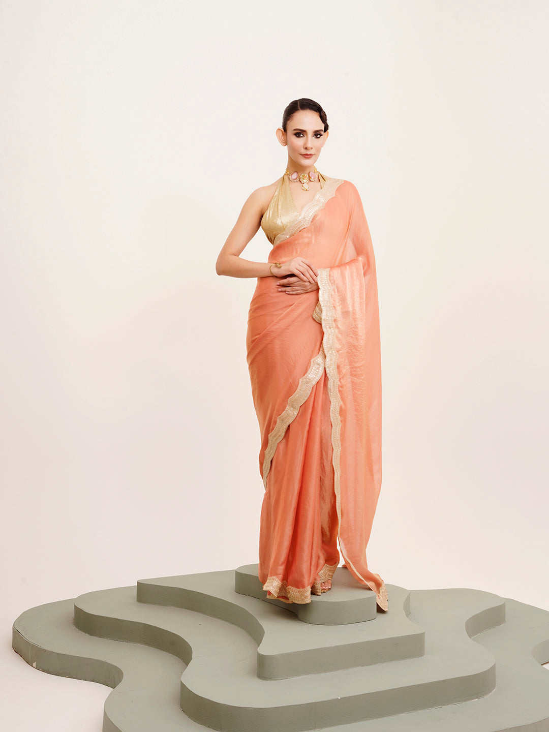 Embellished Sequinned Work Peach Satin Rich Ceremonial Saree