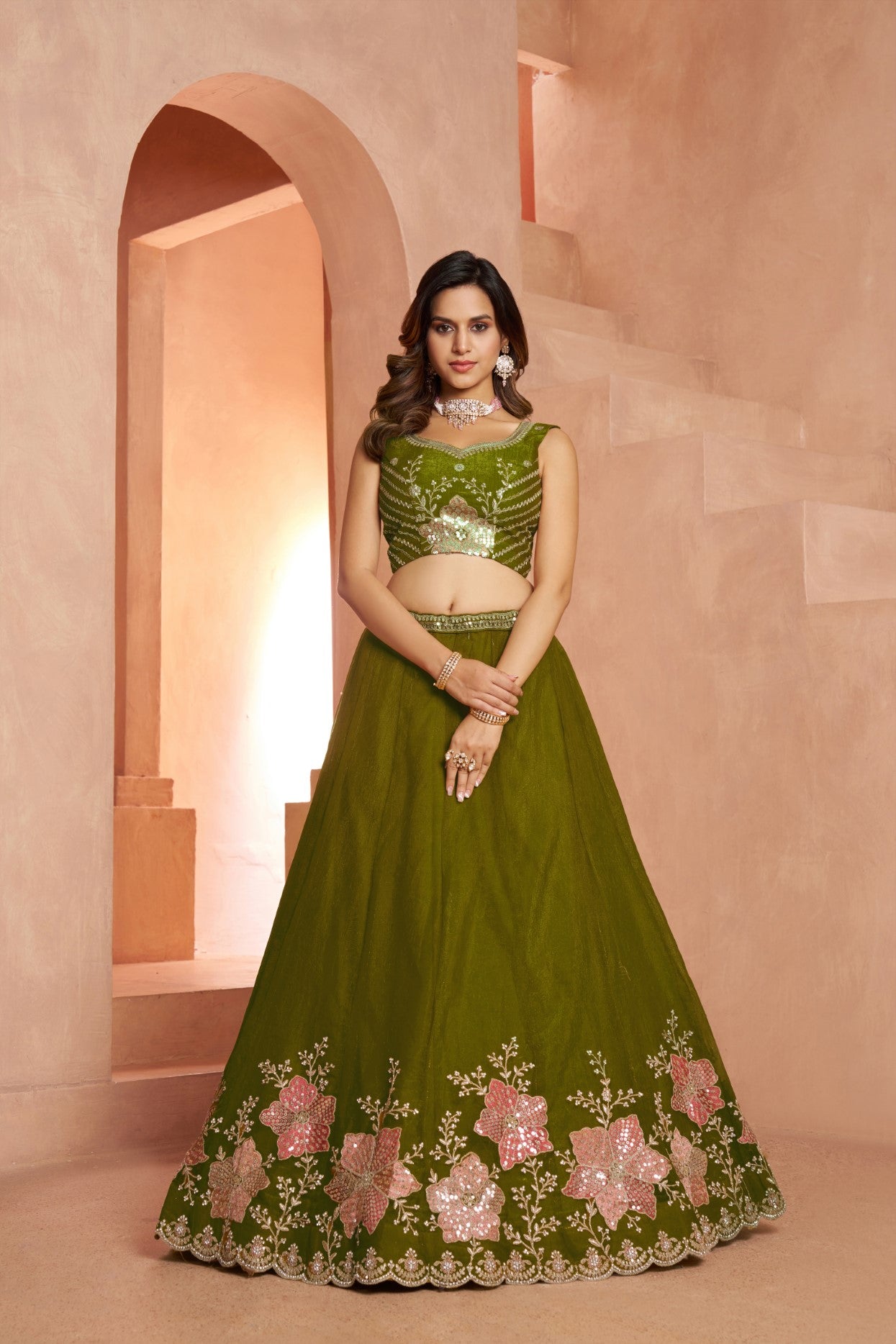 Emerald Green Tissue Floral Embroidered Wedding Lehenga Choli Set