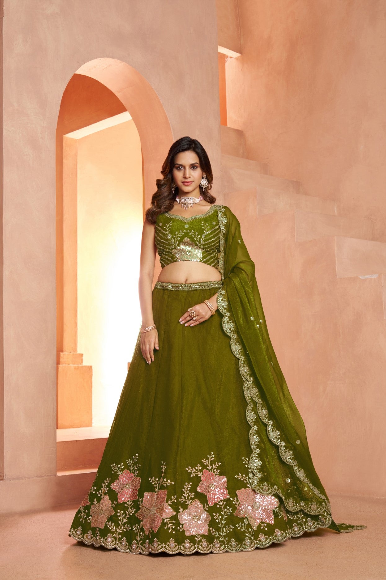 Emerald Green Tissue Floral Embroidered Wedding Lehenga Choli Set