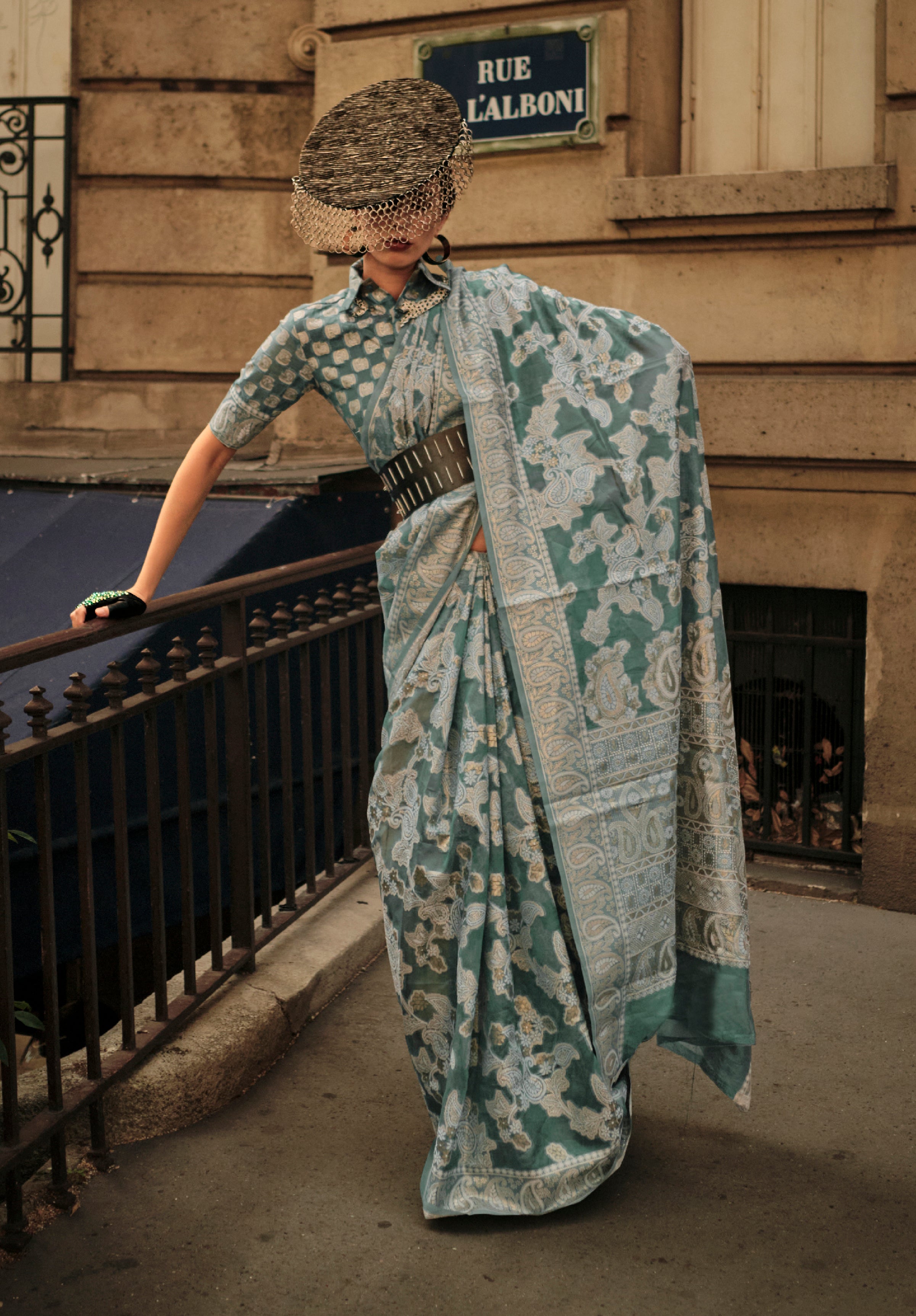 Emerald Organza Saree With Jacquard Woven Chikankari Work