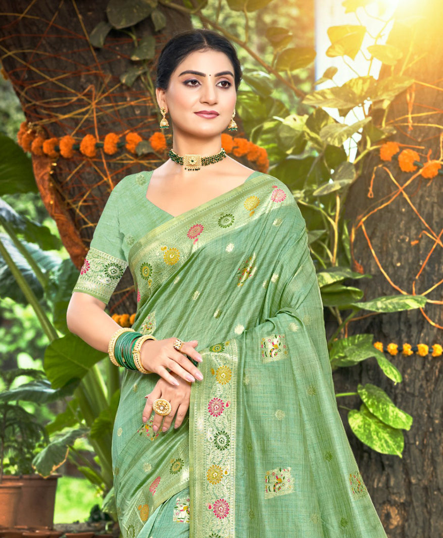 Enchanting Sea Green Assam Silk Meenakari Festival Saree