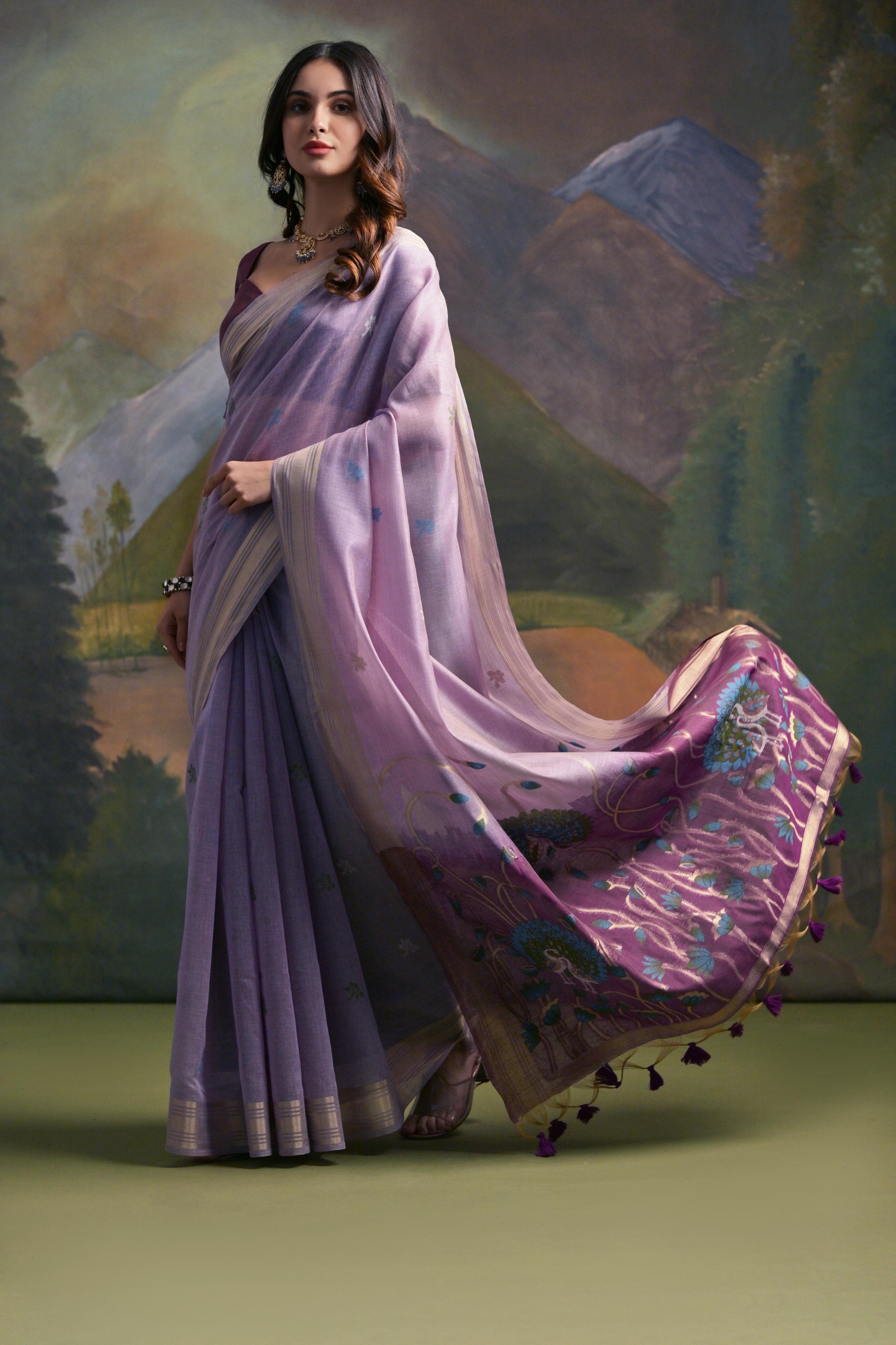 Ethnic Lavender Muga Cotton Fancy Summer Special Woven Designer Saree