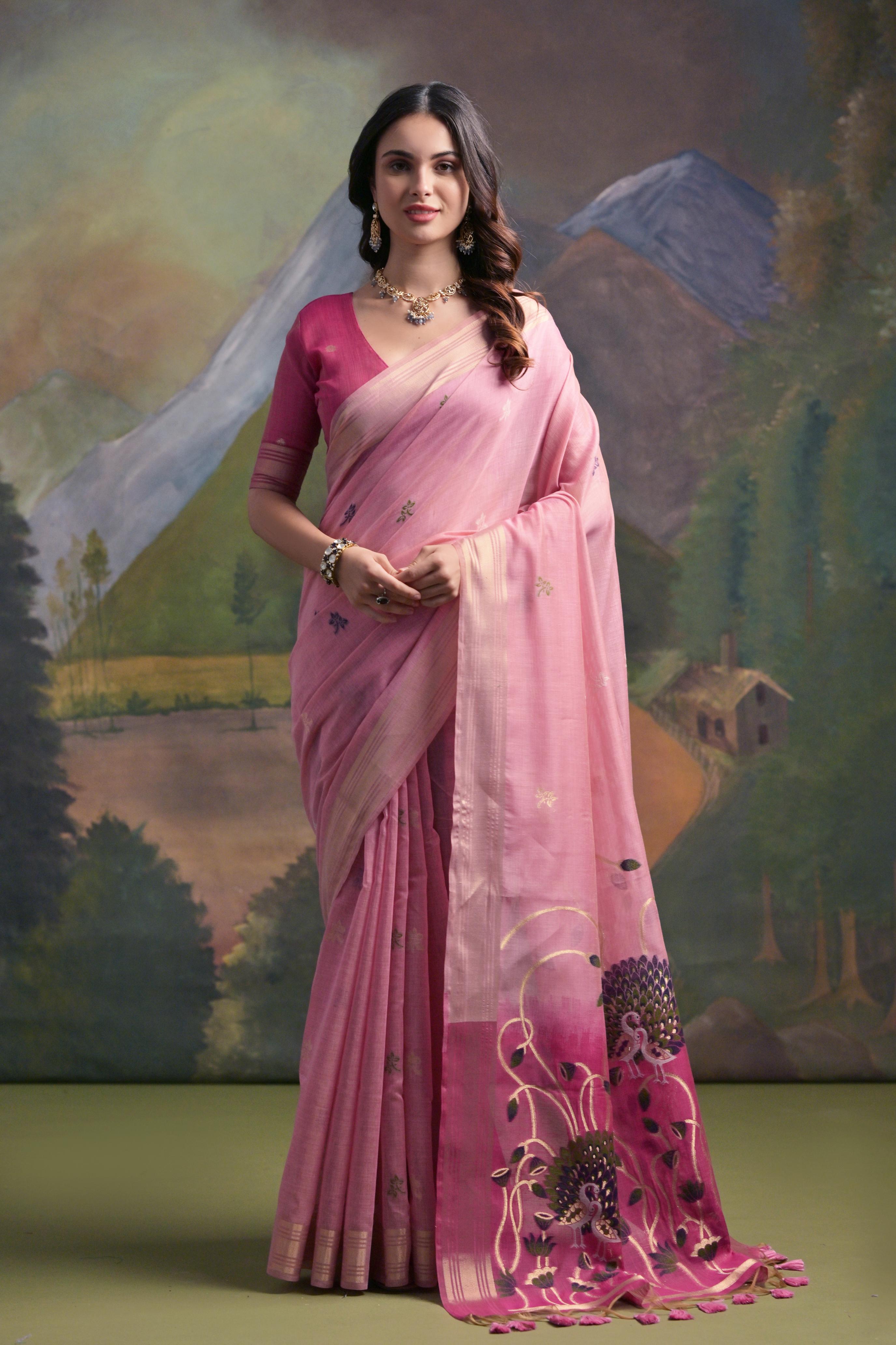 Ethnic Pink Muga Cotton Fancy Summer Special Woven Designer Saree