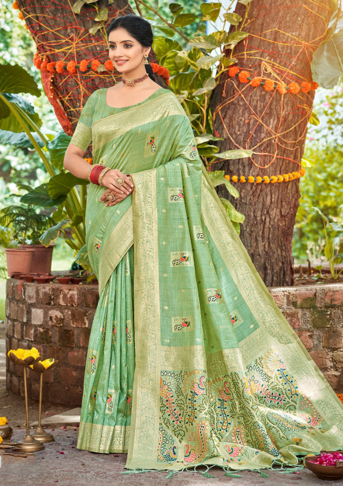 Exquisite Green Assam Silk Meenakari Festival Saree