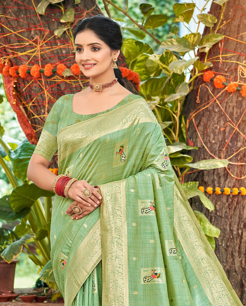 Exquisite Green Assam Silk Meenakari Festival Saree