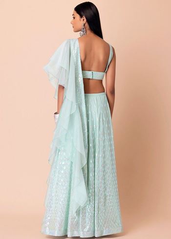 Fabulous Sky-Blue Embroidered Georgette Reception Wear Lehenga Choli