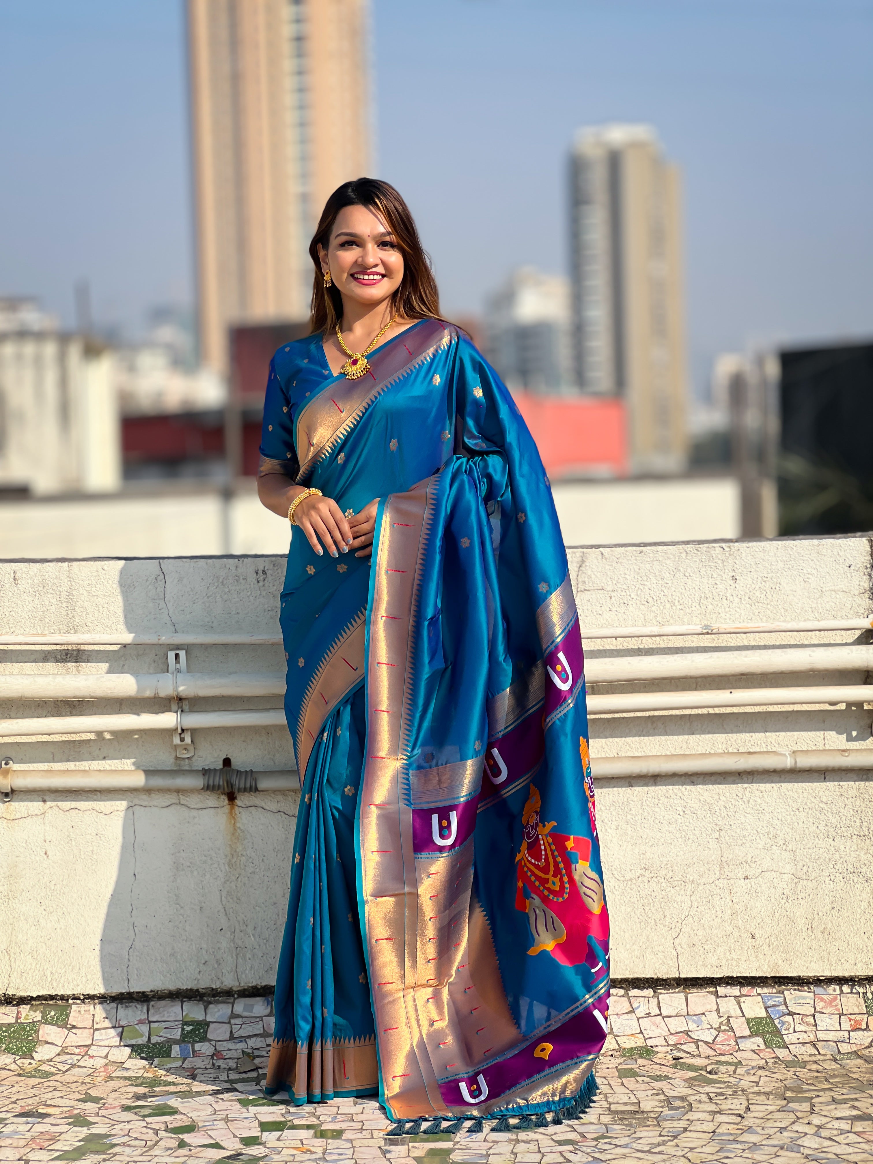 Featival Looks Blue Soft Silk Woven Paithani Vitthala Designer Saree
