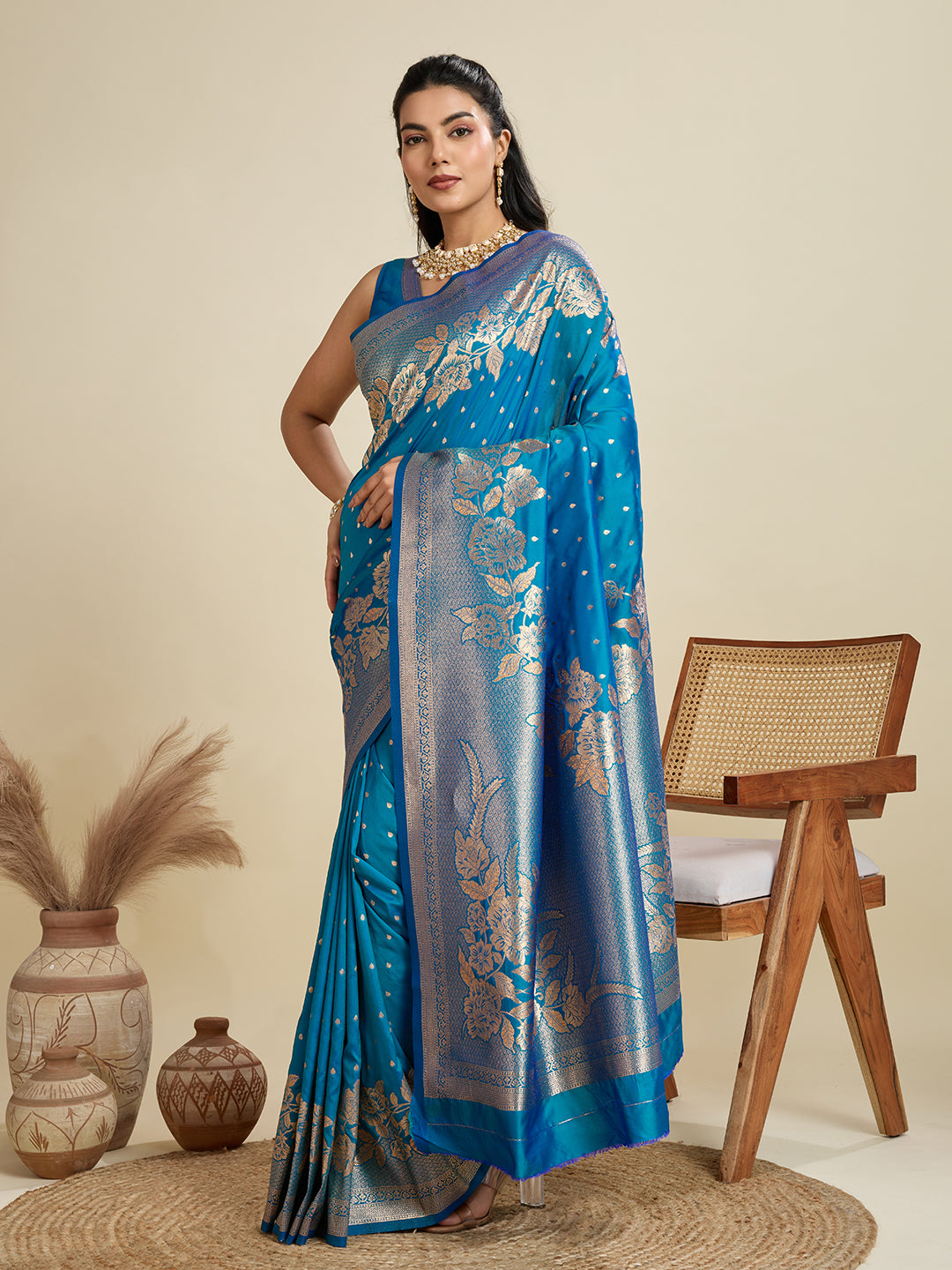 Firozi Banarasi Silk Saree with Butti and Floral Border