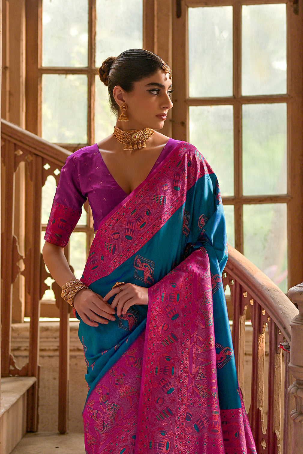 Firozi Banarasi Silk Saree with Kalamkari Zari Design