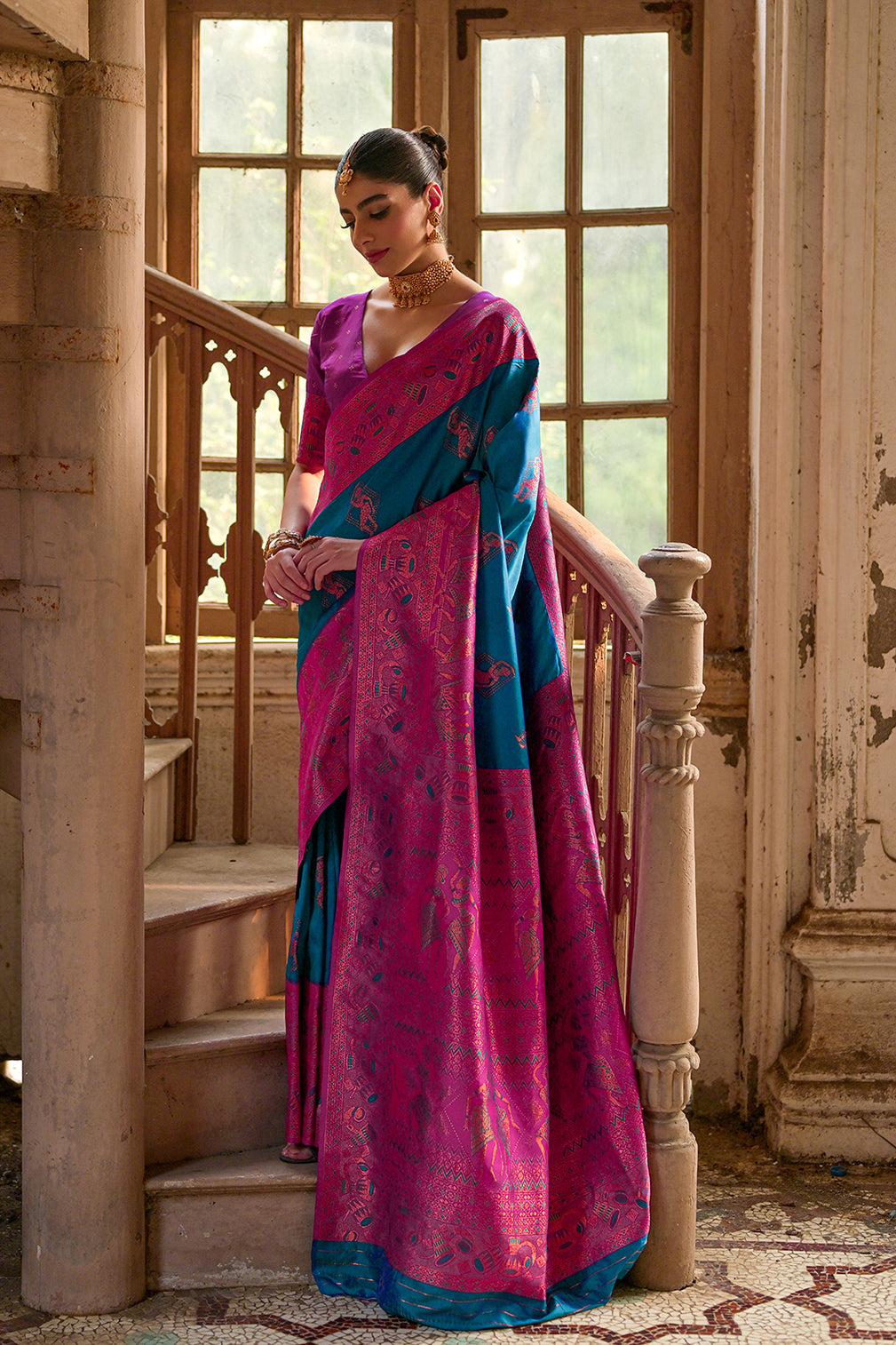 Firozi Banarasi Silk Saree with Kalamkari Zari Design
