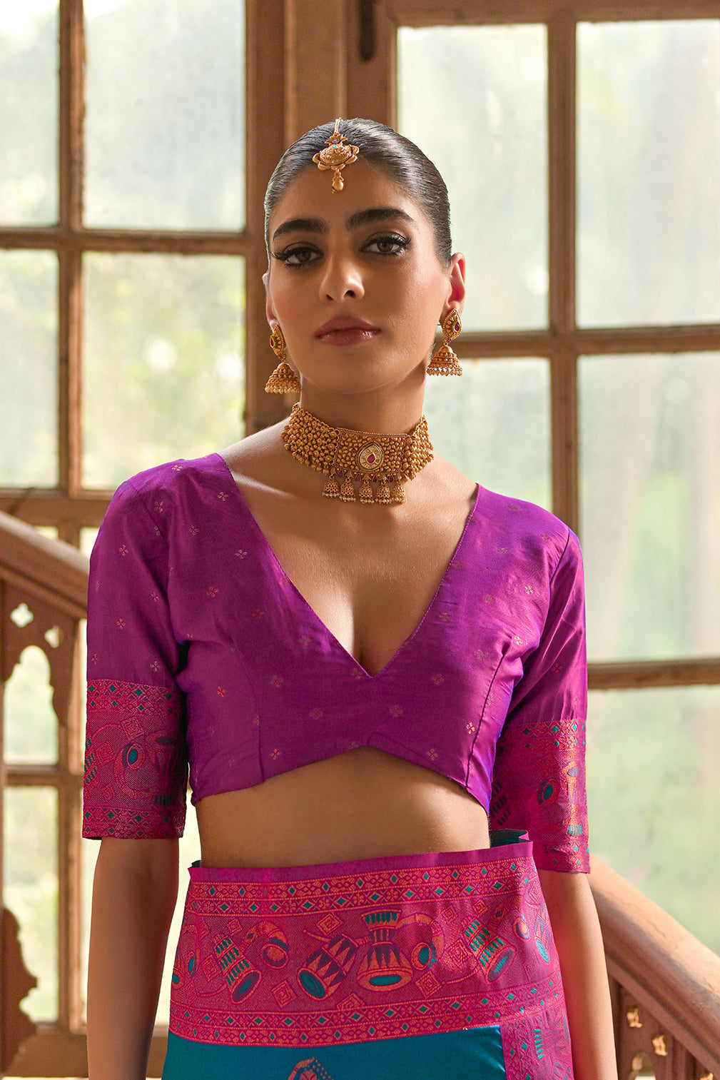 Firozi Banarasi Silk Saree with Kalamkari Zari Design