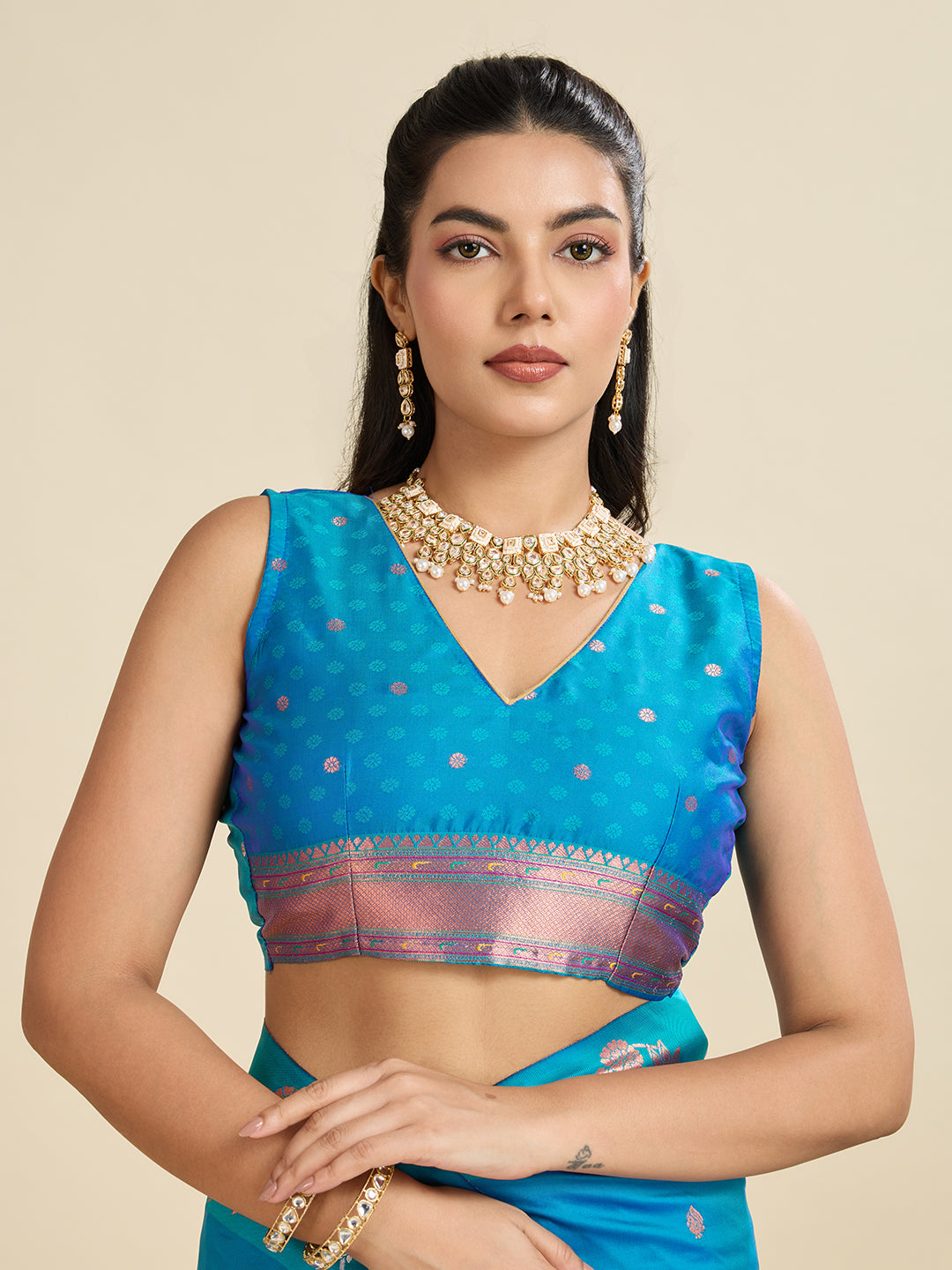 Firozi Banarasi Silk Saree with Silver Butti and Paithani Pallu