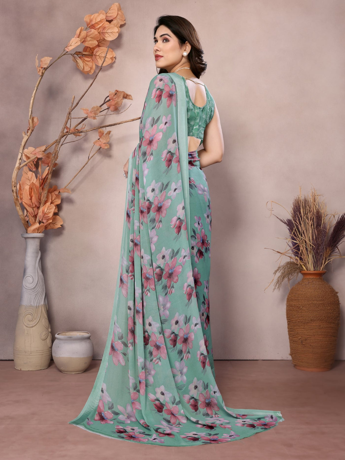 Firozi Bright Moss Satin Patta Saree With Printed